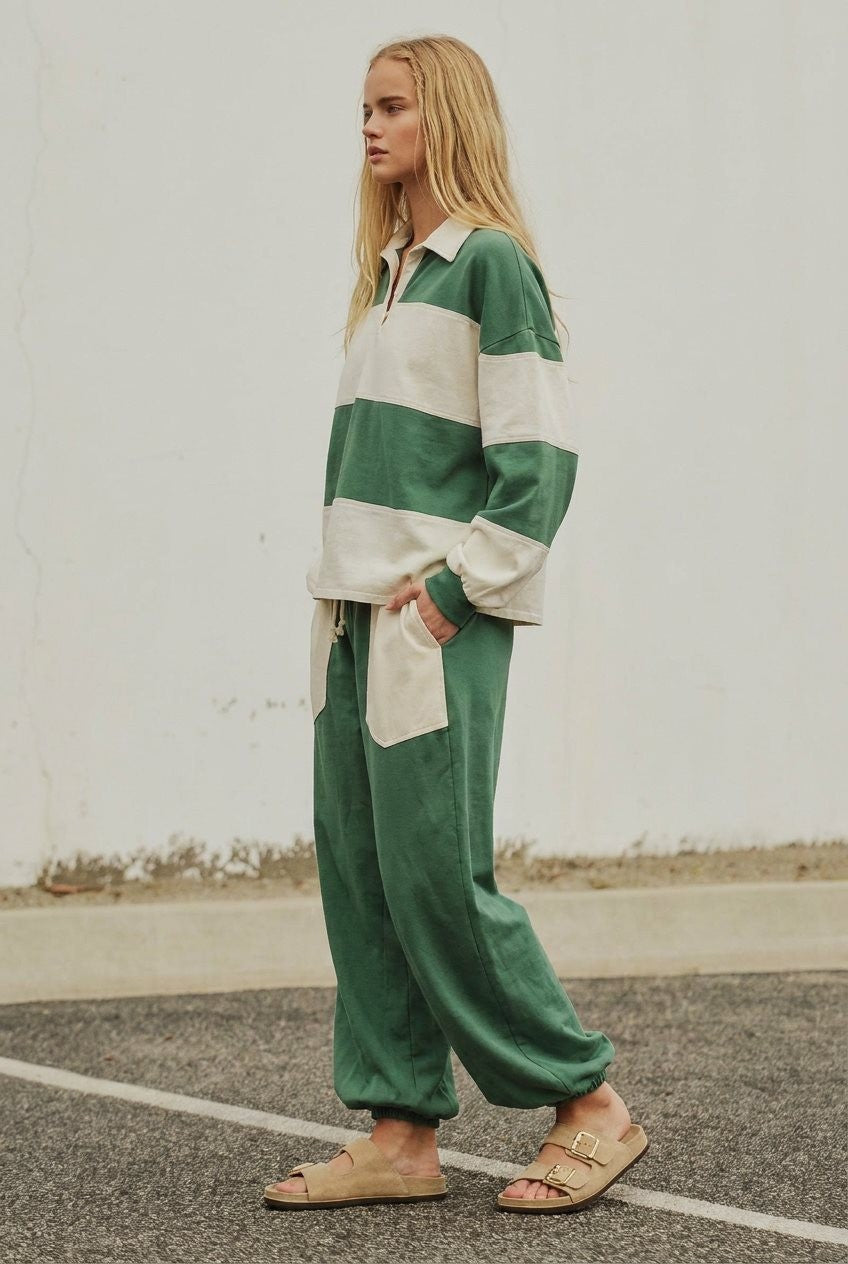 Color Block Rugby Polo Pullover Top in Green - Women's Shorts | Urban Daizy