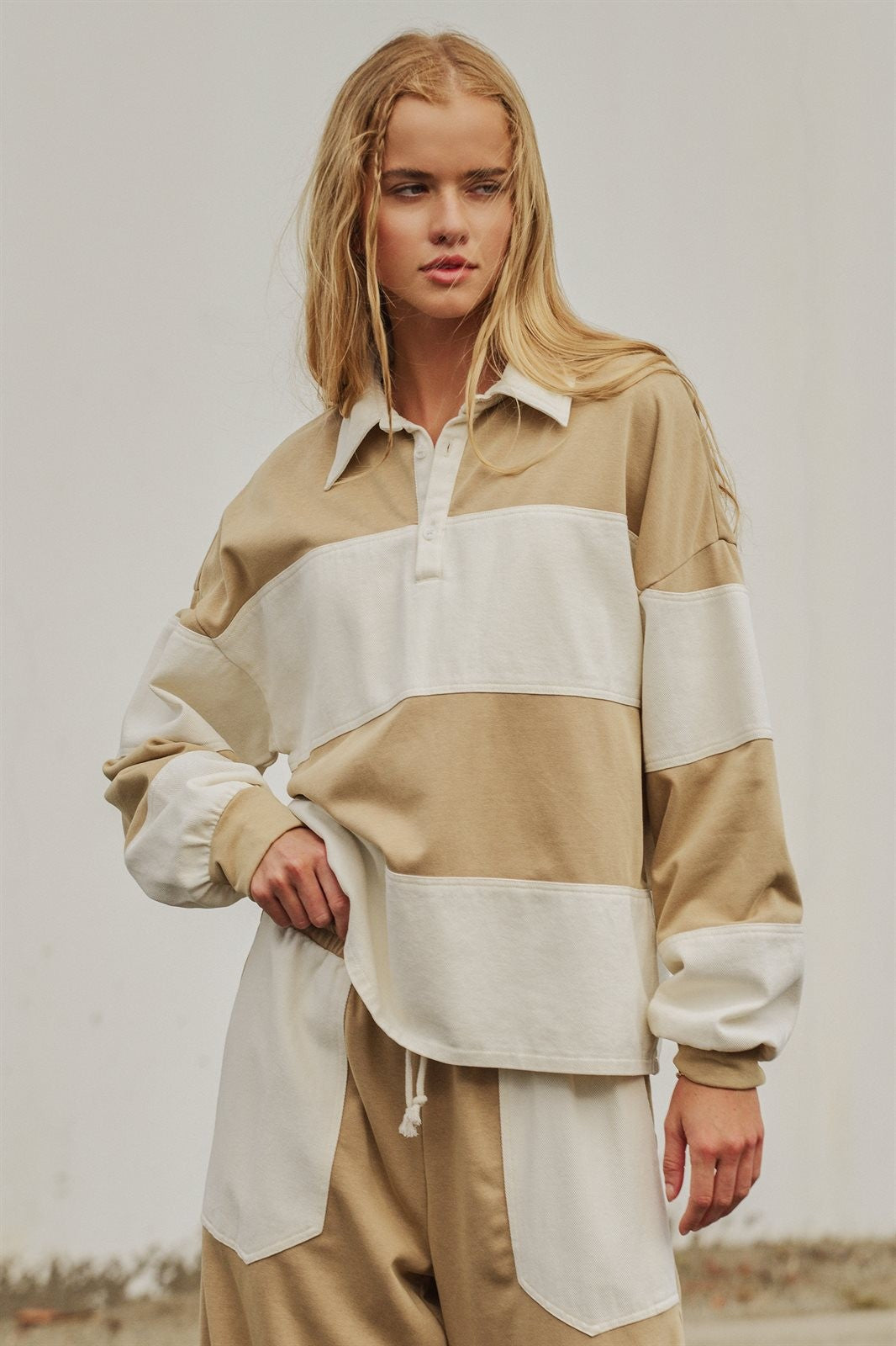 Color Block Rugby Polo Pullover Top in Ivory Taupe - Women's Shorts | Urban Daizy