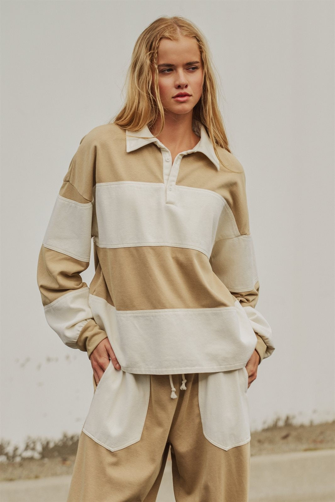 Color Block Rugby Polo Pullover Top in Ivory Taupe - Women's Shorts | Urban Daizy