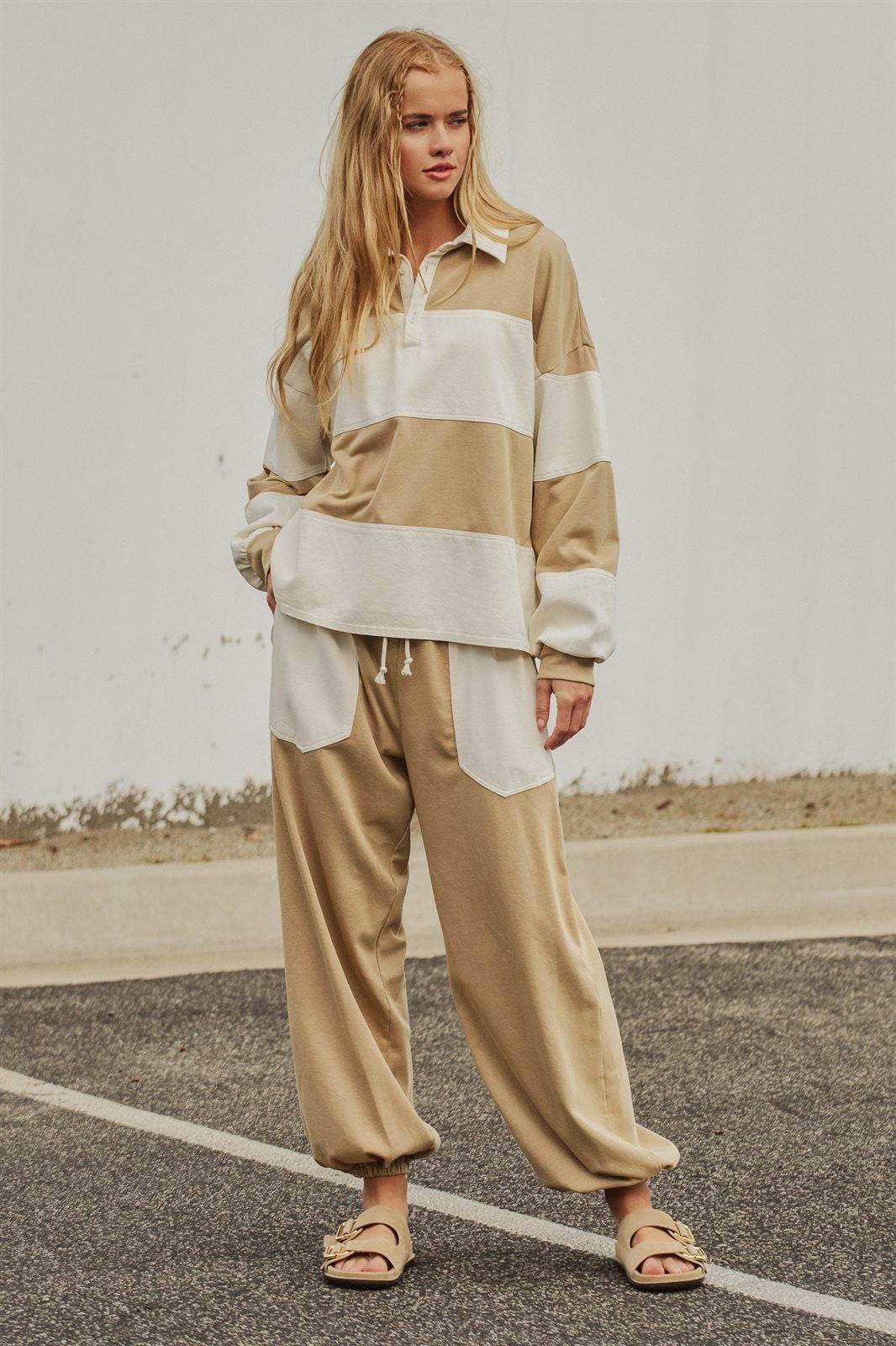 Color Block Rugby Polo Pullover Top in Ivory Taupe - Women's Shorts | Urban Daizy