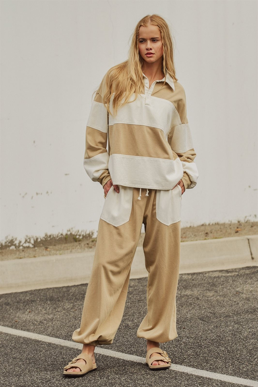 Color Block Rugby Polo Pullover Top in Ivory Taupe - Women's Shorts | Urban Daizy