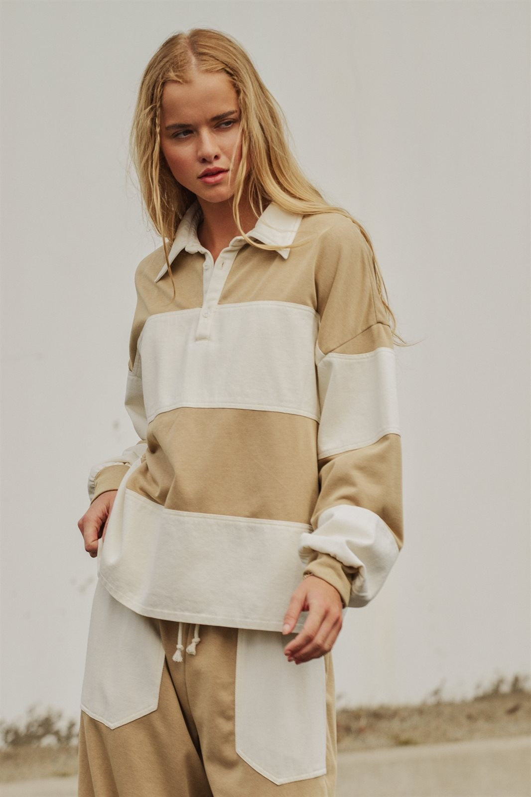 Color Block Rugby Polo Pullover Top in Ivory Taupe - Women's Shorts | Urban Daizy