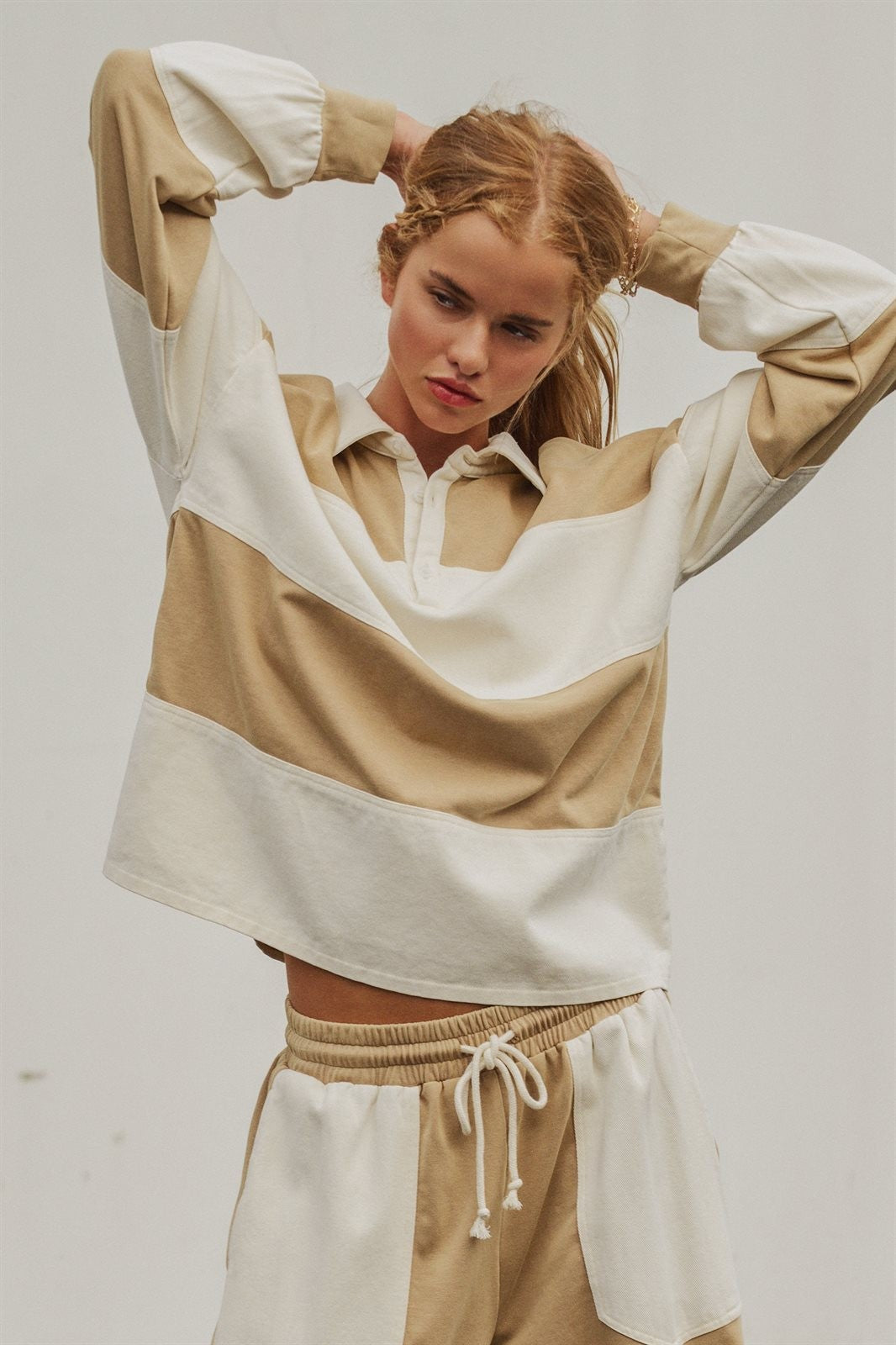 Color Block Rugby Polo Pullover Top in Ivory Taupe - Women's Shorts | Urban Daizy