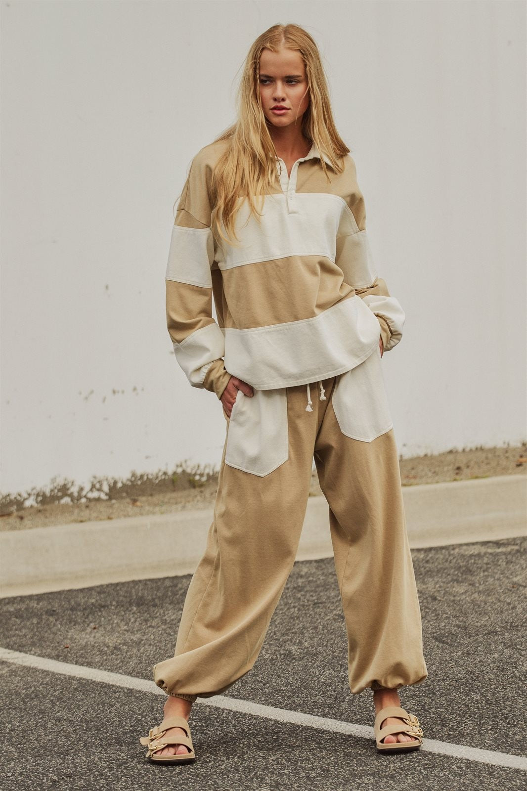 Color Block Rugby Polo Pullover Top in Ivory Taupe - Women's Shorts | Urban Daizy