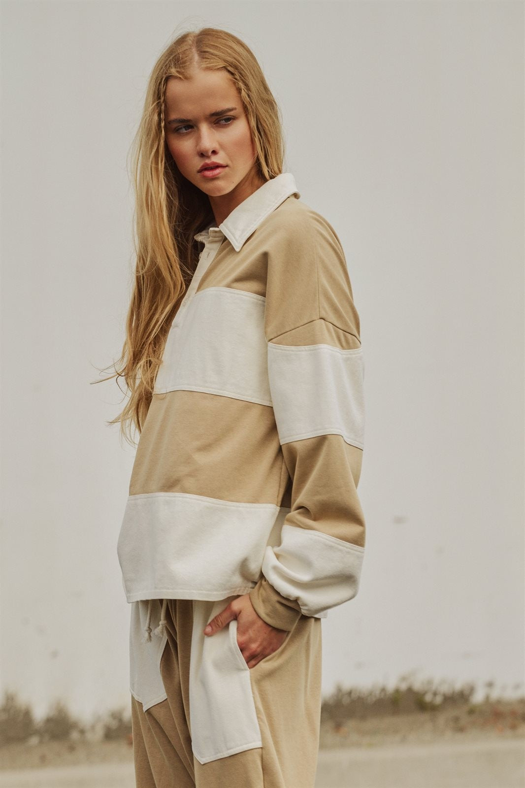 Color Block Rugby Polo Pullover Top in Ivory Taupe - Women's Shorts | Urban Daizy