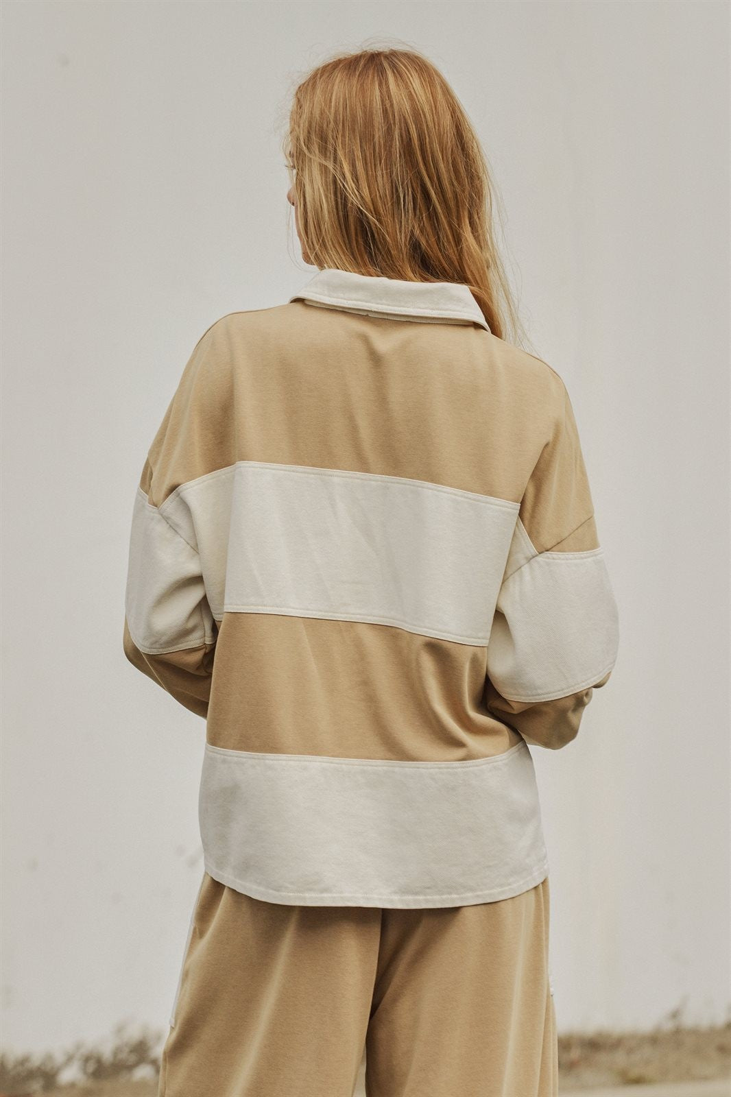Color Block Rugby Polo Pullover Top in Ivory Taupe - Women's Shorts | Urban Daizy