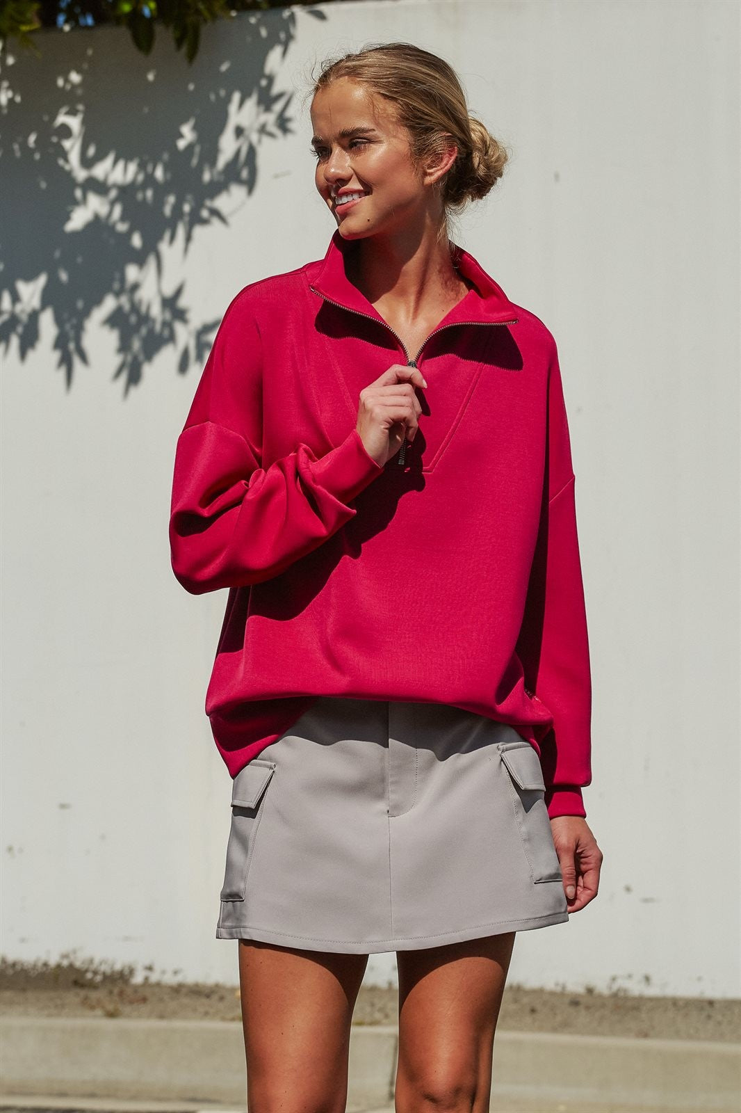 Scuba Knit Half Zip Mock Neck Pullover Sweatshirt in Burgundy - Women's Shorts | Urban Daizy