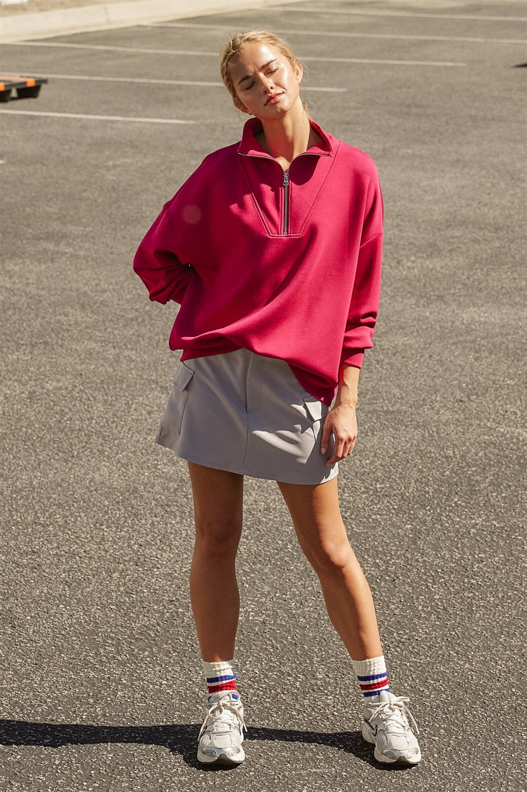 Scuba Knit Half Zip Mock Neck Pullover Sweatshirt in Burgundy - Women's Shorts | Urban Daizy