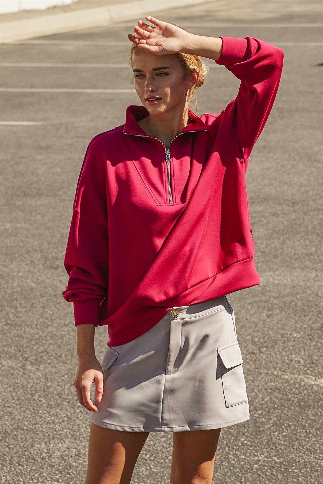 Scuba Knit Half Zip Mock Neck Pullover Sweatshirt in Burgundy - Women's Shorts | Urban Daizy