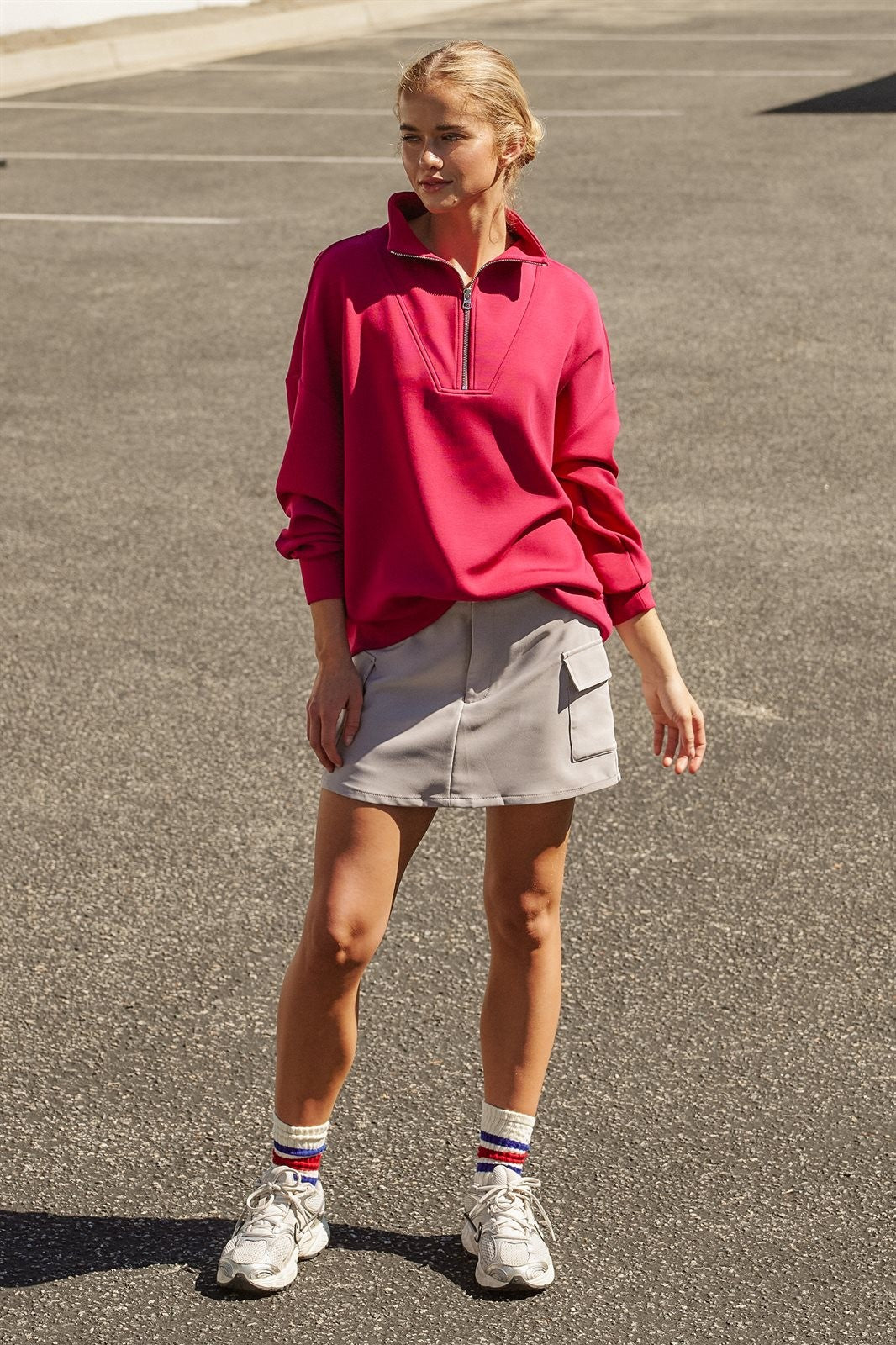 Scuba Knit Half Zip Mock Neck Pullover Sweatshirt in Burgundy - Women's Shorts | Urban Daizy