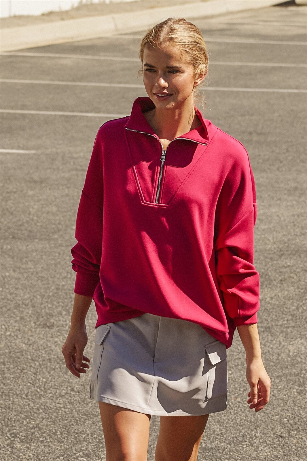 Scuba Knit Half Zip Mock Neck Pullover Sweatshirt in Burgundy - Women's Shorts | Urban Daizy