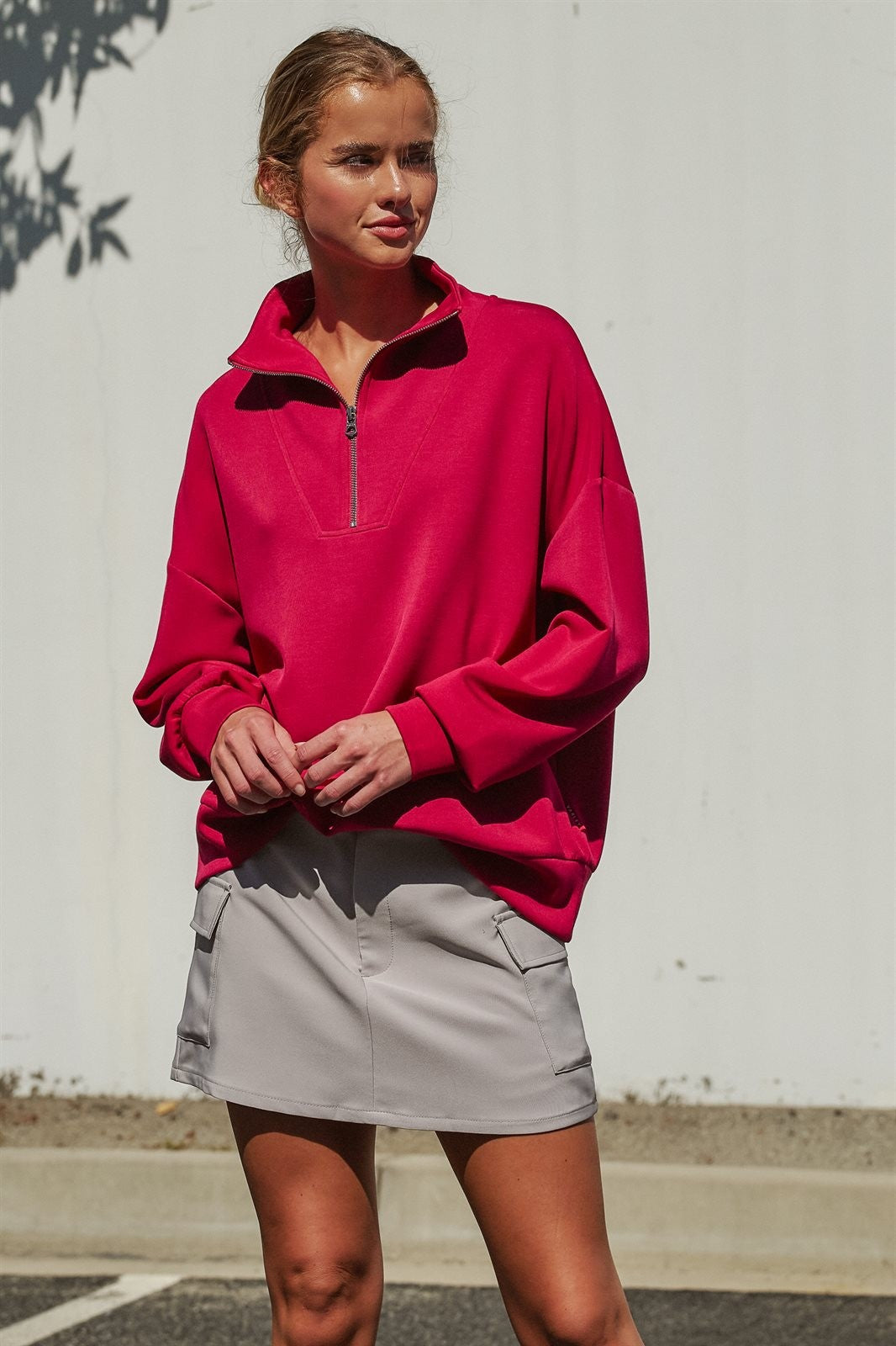 Scuba Knit Half Zip Mock Neck Pullover Sweatshirt in Burgundy - Women's Shorts | Urban Daizy