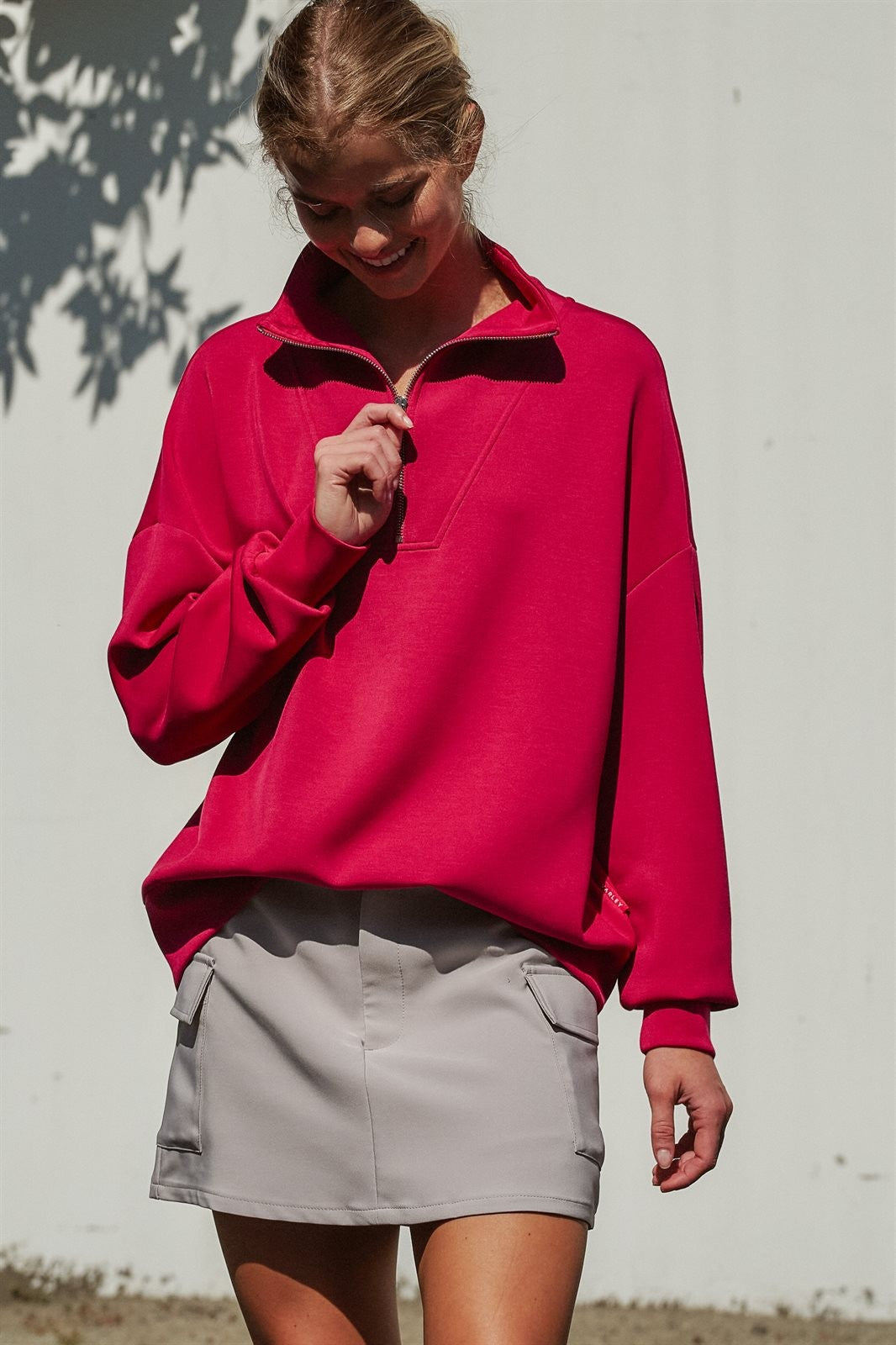 Scuba Knit Half Zip Mock Neck Pullover Sweatshirt in Burgundy - Women's Shorts | Urban Daizy