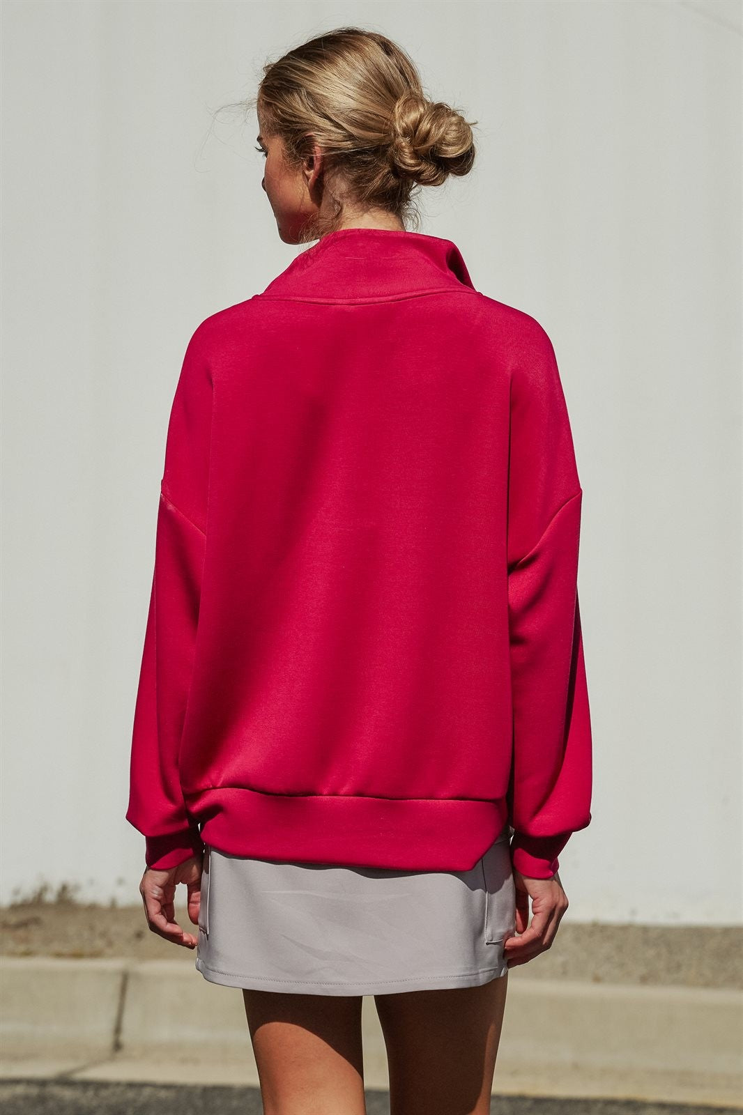 Scuba Knit Half Zip Mock Neck Pullover Sweatshirt in Burgundy - Women's Shorts | Urban Daizy