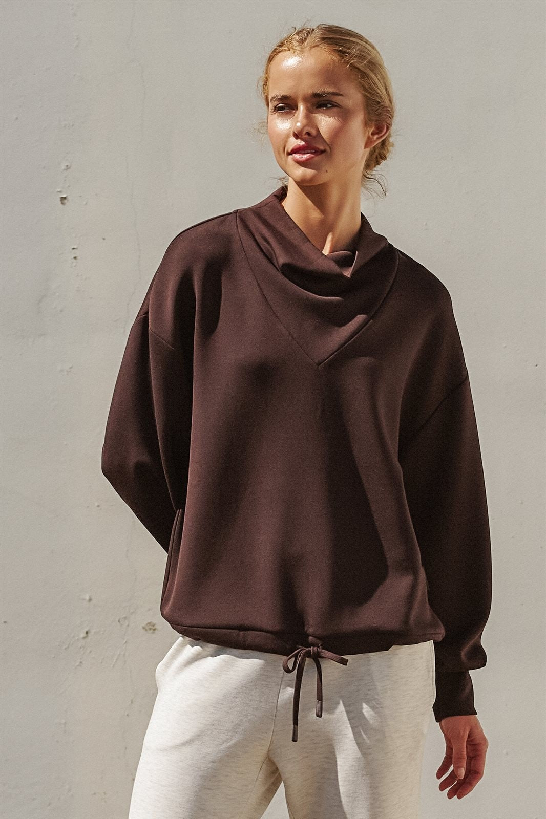 Scuba Cowl Mock Neck Drawstring Sweatshirt in Chocolate Brown - Women's Shorts | Urban Daizy