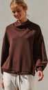Scuba Cowl Mock Neck Drawstring Sweatshirt in Chocolate Brown - Women's Shorts | Urban Daizy