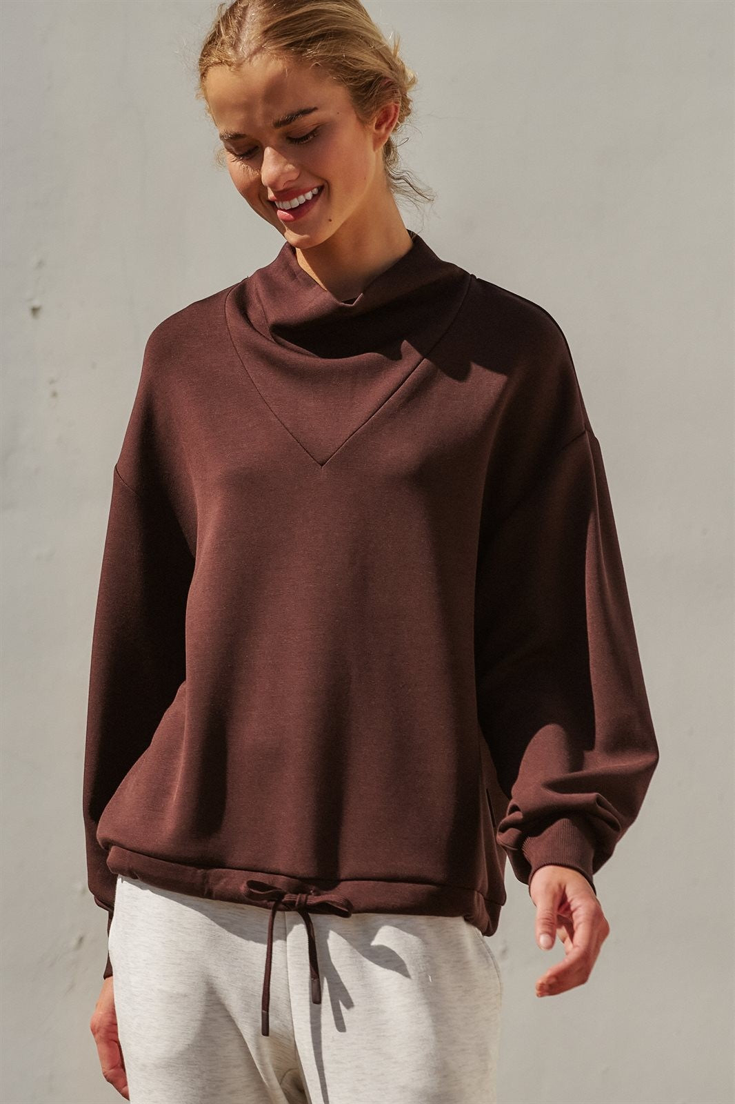 Scuba Cowl Mock Neck Drawstring Sweatshirt in Chocolate Brown - Women's Shorts | Urban Daizy