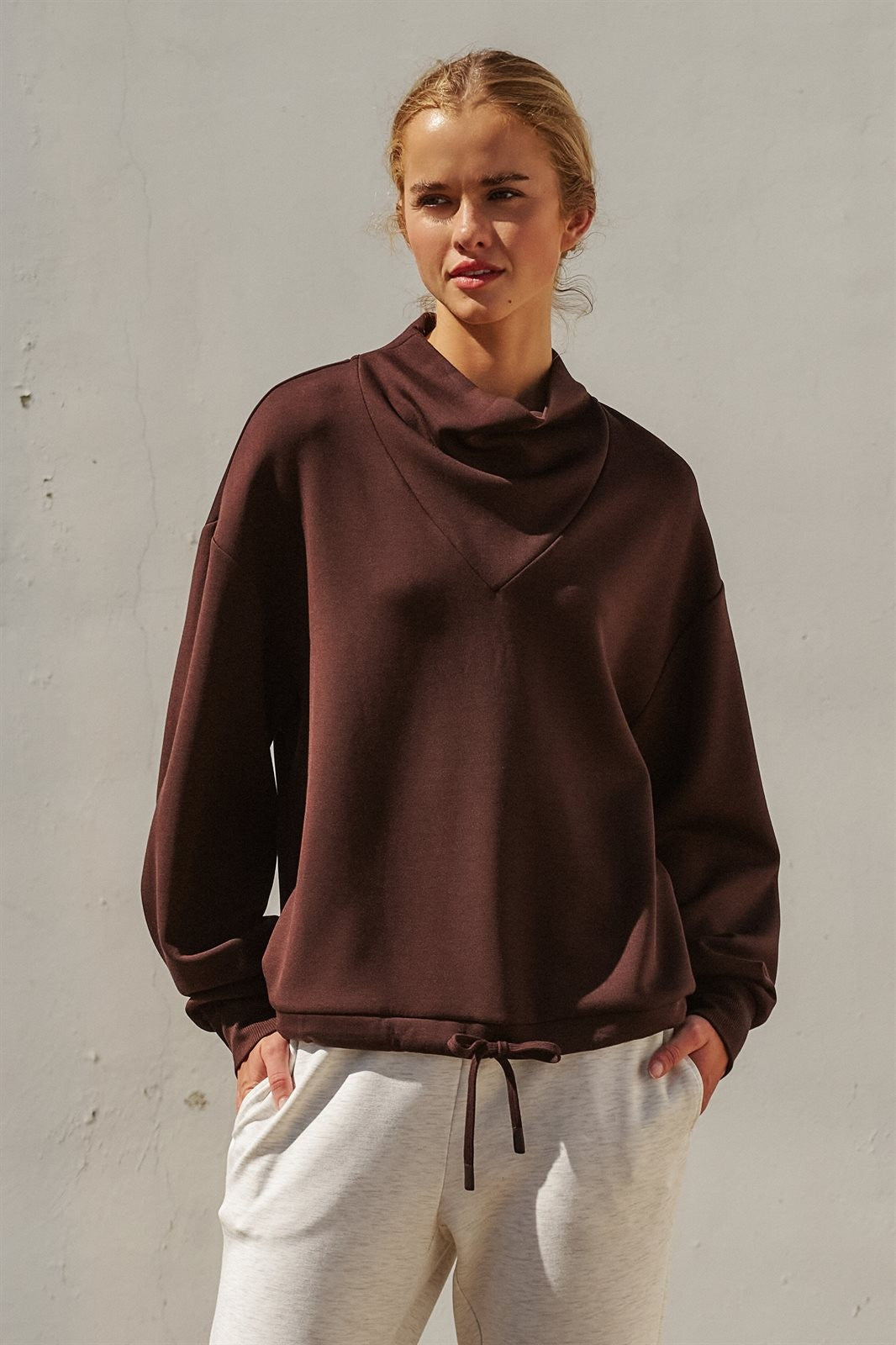Scuba Cowl Mock Neck Drawstring Sweatshirt in Chocolate Brown - Women's Shorts | Urban Daizy