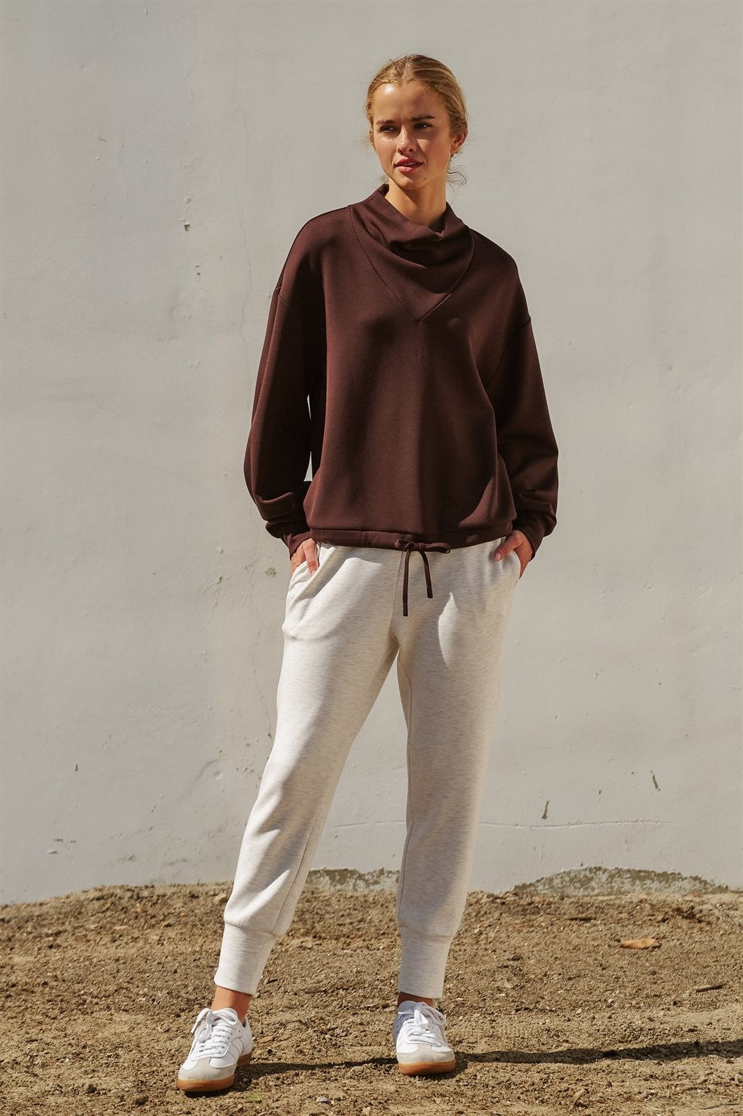 Scuba Cowl Mock Neck Drawstring Sweatshirt in Chocolate Brown - Women's Shorts | Urban Daizy