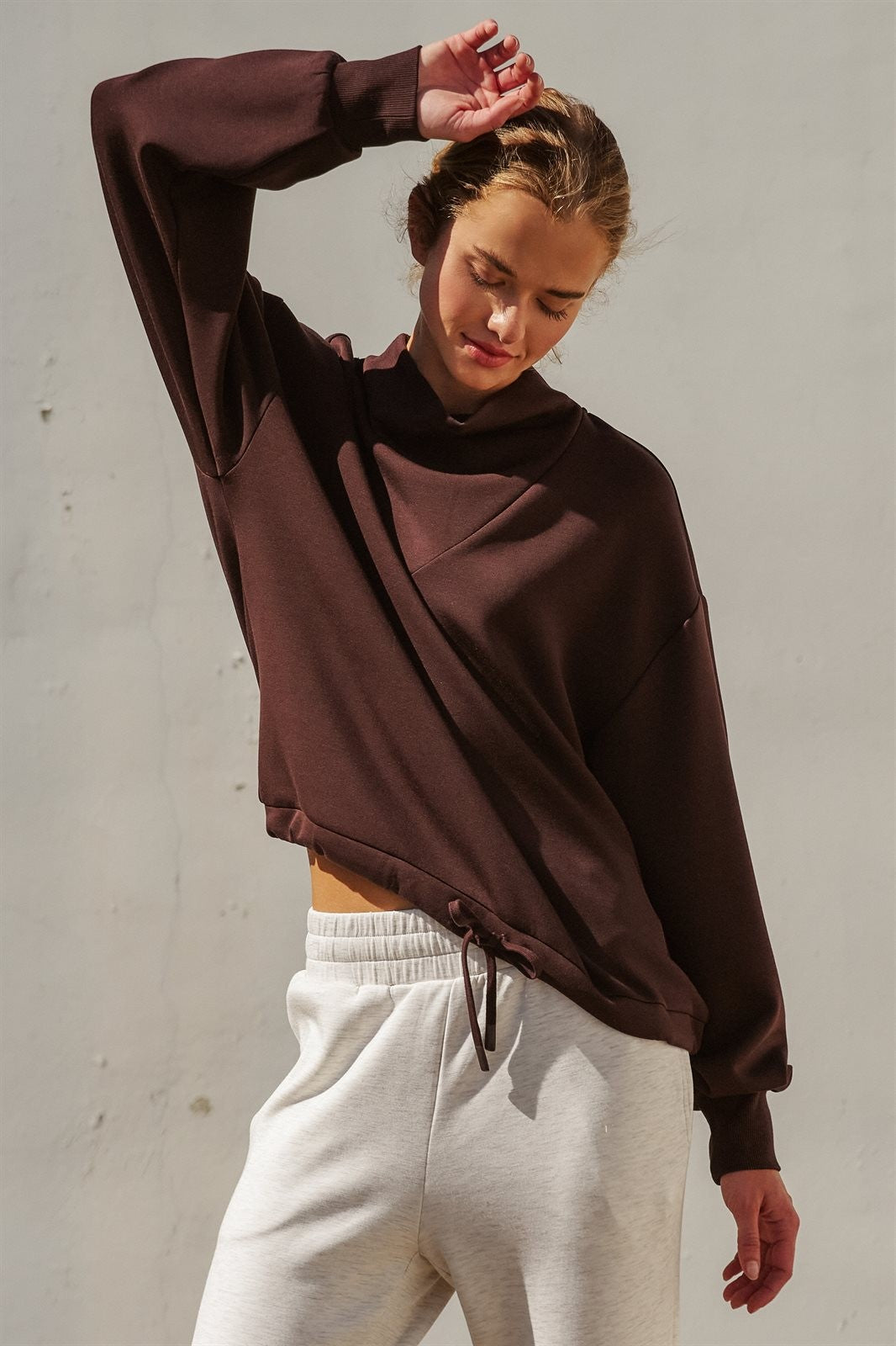 Scuba Cowl Mock Neck Drawstring Sweatshirt in Chocolate Brown - Women's Shorts | Urban Daizy