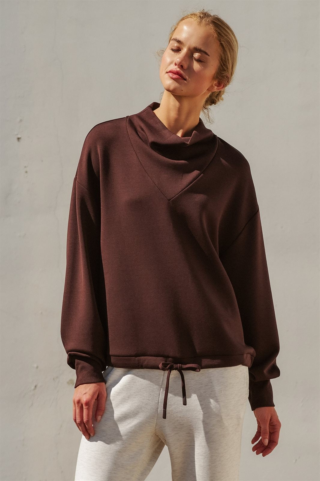 Scuba Cowl Mock Neck Drawstring Sweatshirt in Chocolate Brown - Women's Shorts | Urban Daizy