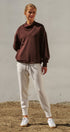 Scuba Cowl Mock Neck Drawstring Sweatshirt in Chocolate Brown - Women's Shorts | Urban Daizy