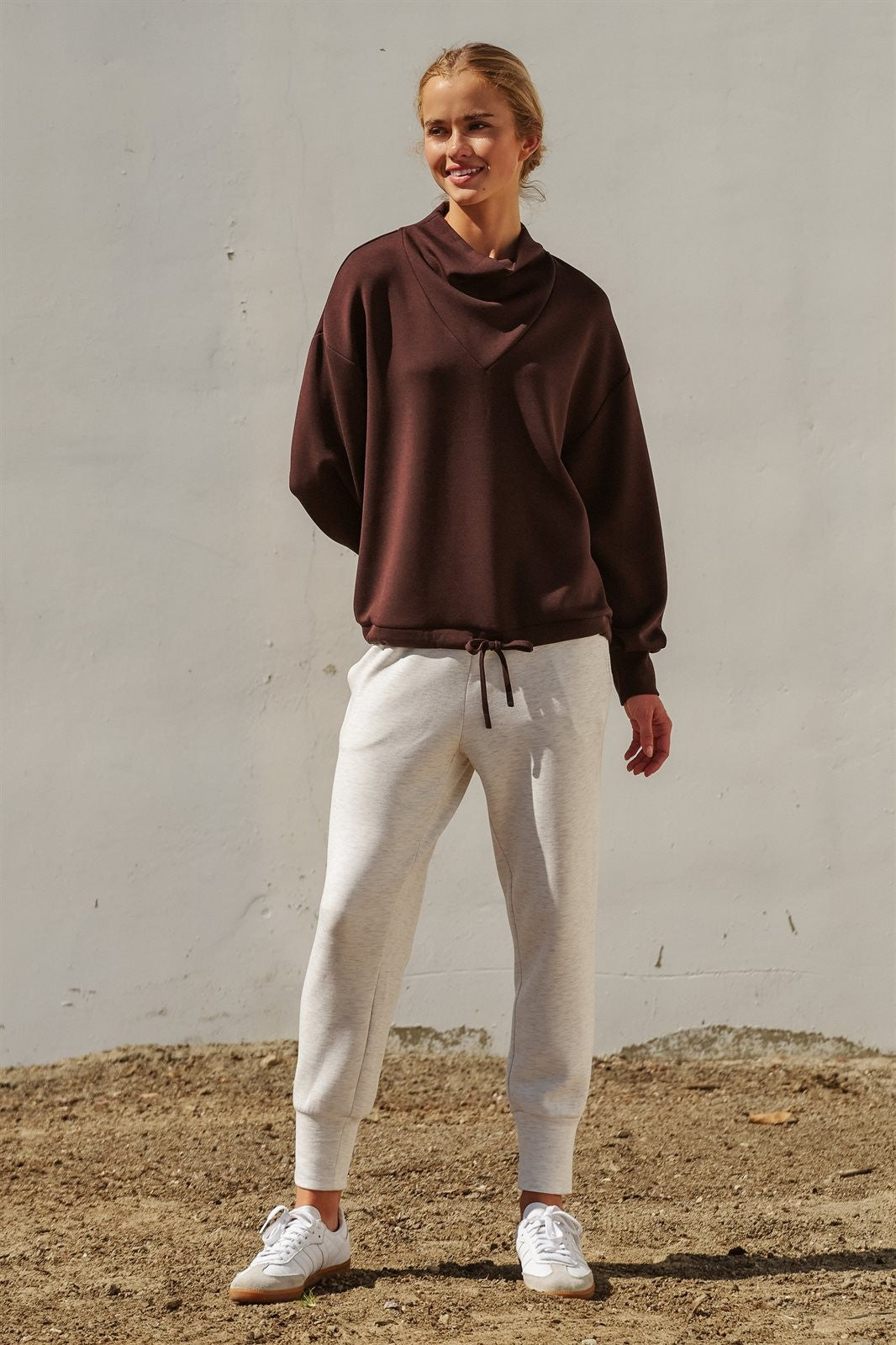 Scuba Cowl Mock Neck Drawstring Sweatshirt in Chocolate Brown - Women's Shorts | Urban Daizy