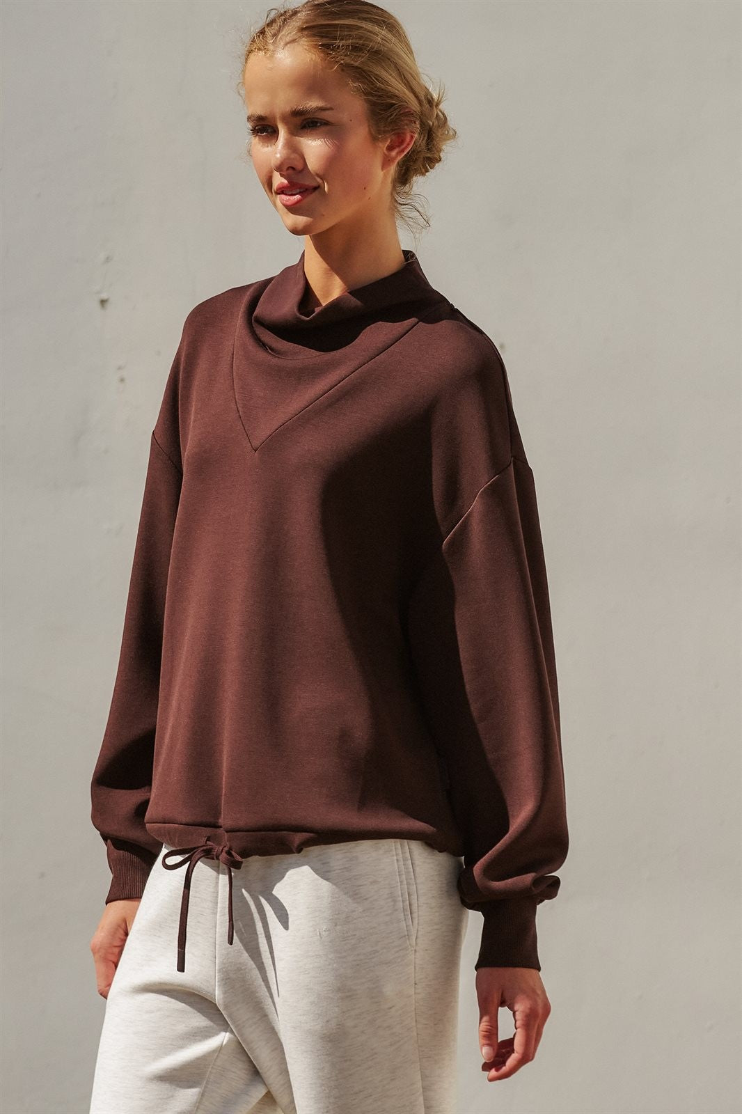 Scuba Cowl Mock Neck Drawstring Sweatshirt in Chocolate Brown - Women's Shorts | Urban Daizy