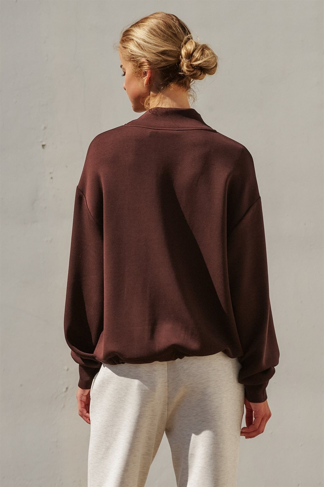 Scuba Cowl Mock Neck Drawstring Sweatshirt in Chocolate Brown - Women's Shorts | Urban Daizy