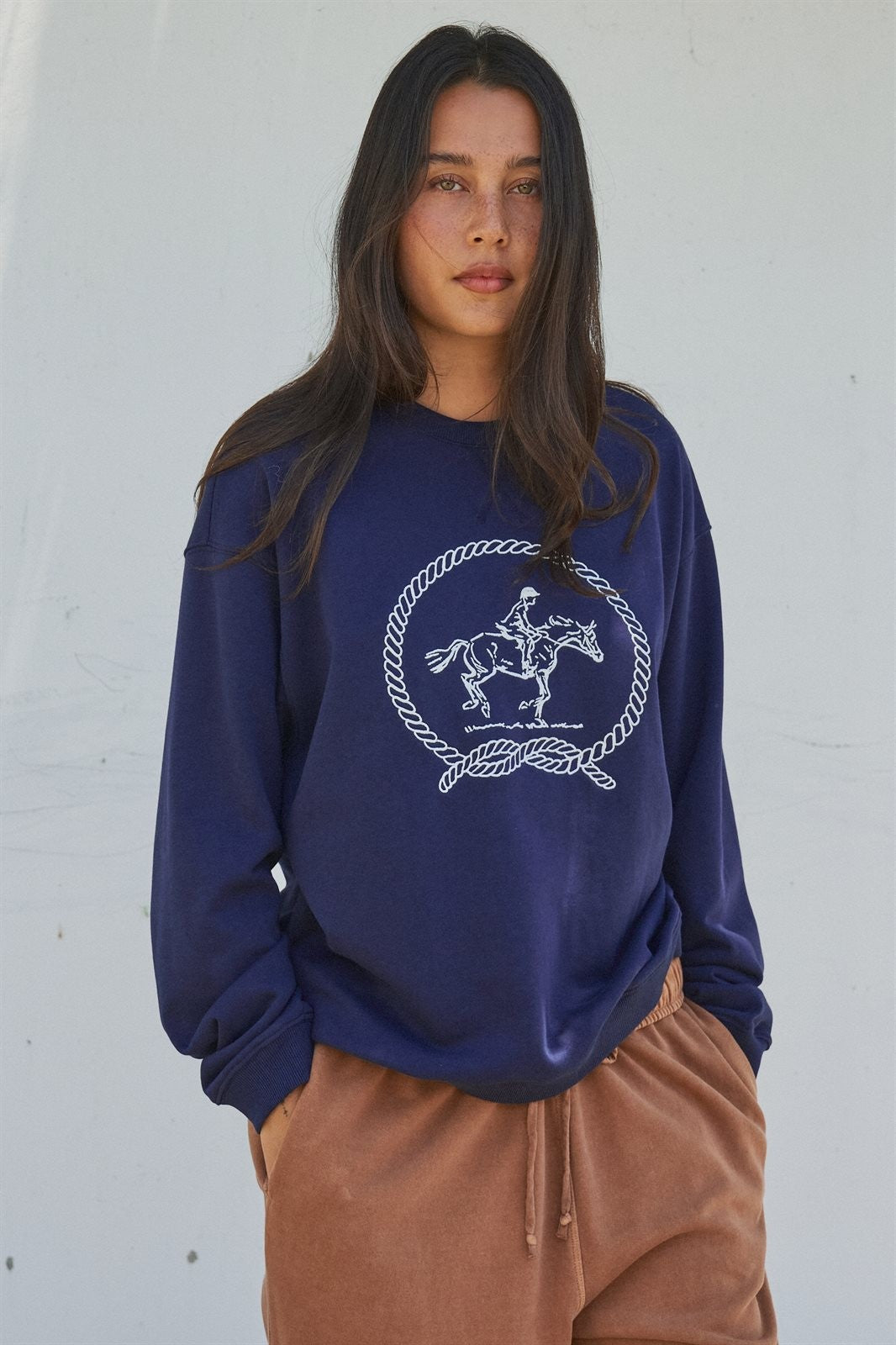 Equestrian Rope Embroidered Crewneck Sweatshirt in Navy - Women's Shorts | Urban Daizy