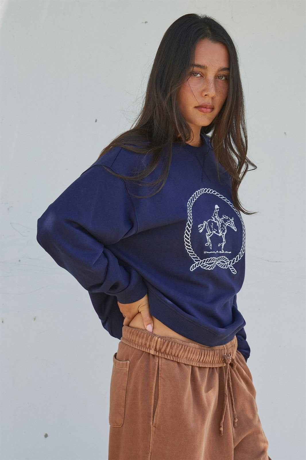 Equestrian Rope Embroidered Crewneck Sweatshirt in Navy - Women's Shorts | Urban Daizy