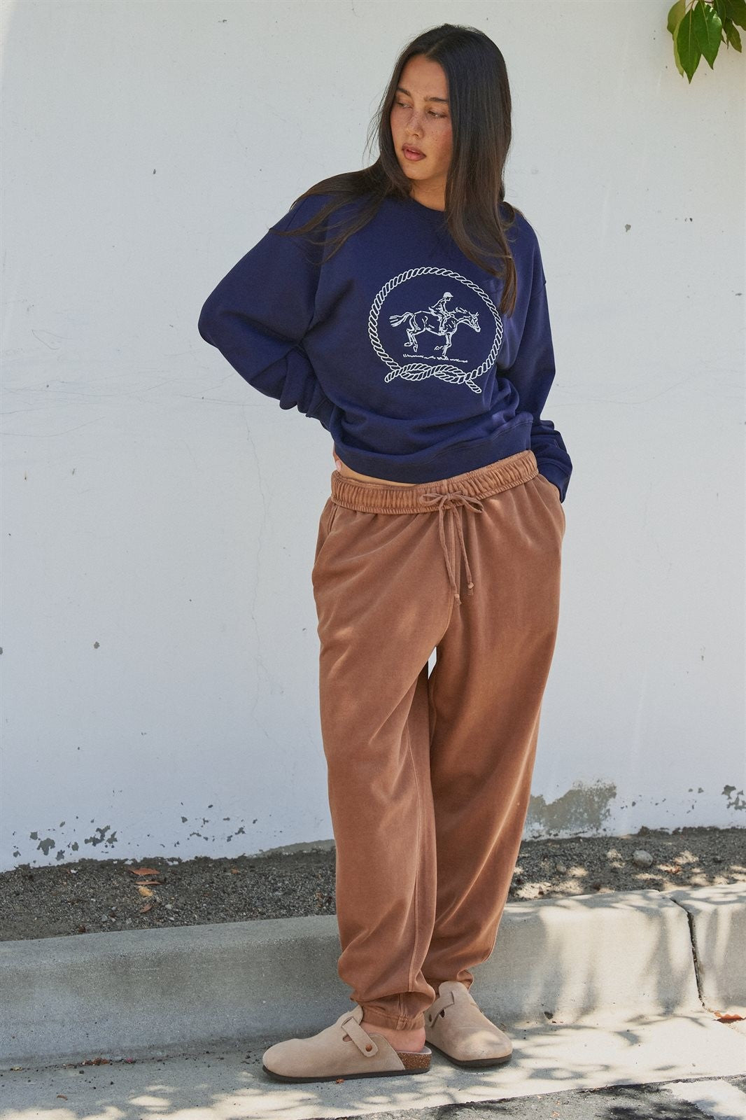 Equestrian Rope Embroidered Crewneck Sweatshirt in Navy - Women's Shorts | Urban Daizy