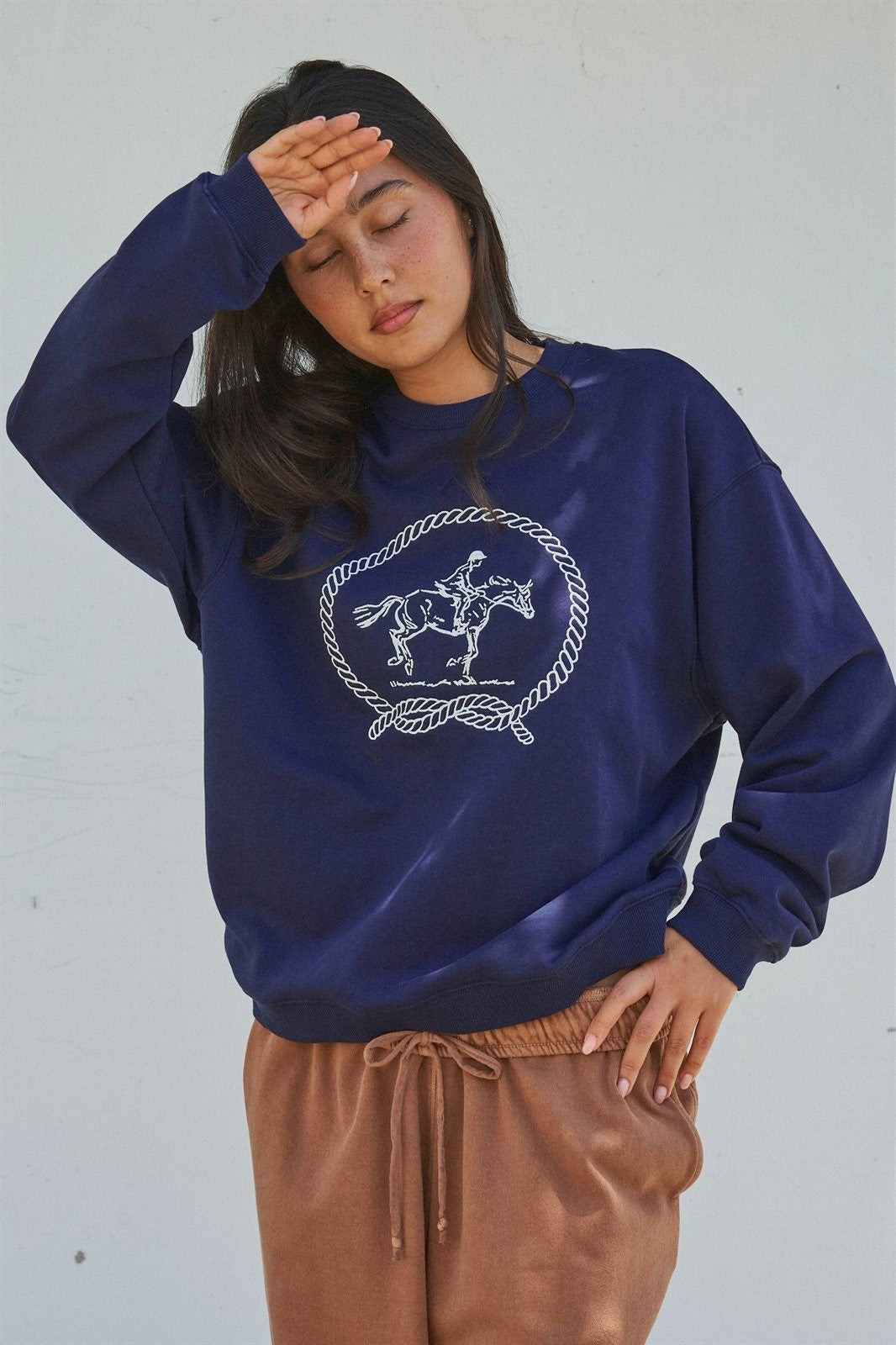 Equestrian Rope Embroidered Crewneck Sweatshirt in Navy - Women's Shorts | Urban Daizy