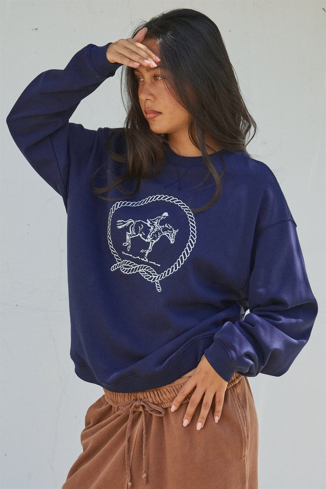 Equestrian Rope Embroidered Crewneck Sweatshirt in Navy - Women's Shorts | Urban Daizy