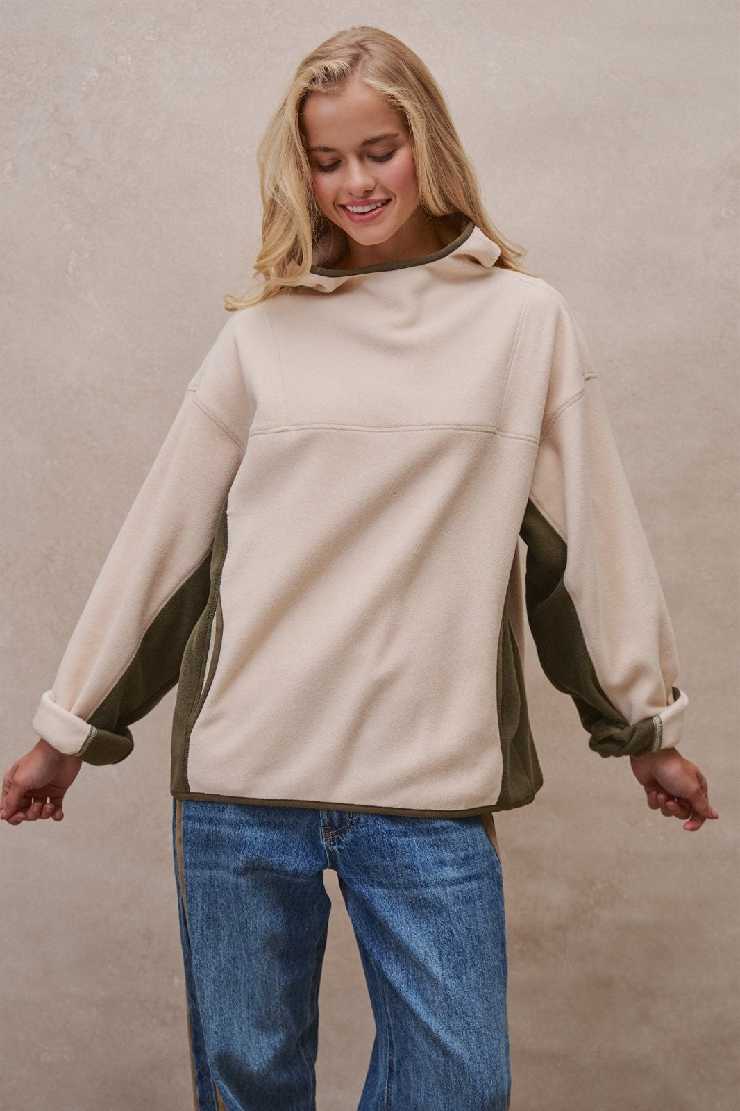 Color Block Fleece Mock Neck Pullover Sweatshirt in Ivory - Women's Sweatshirts & Hoodies | Urban Daizy