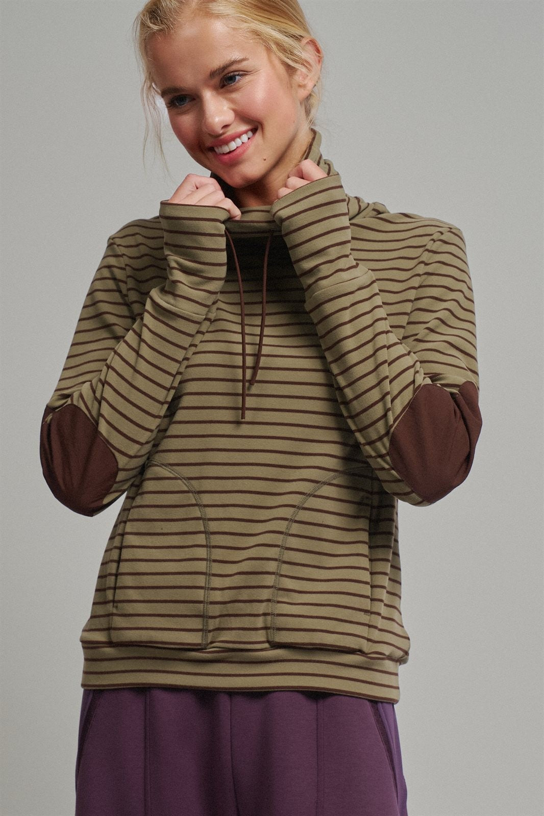Striped Thermal Cowl Neck Pullover in Olive - Women's Sweatshirts & Hoodies | Urban Daizy