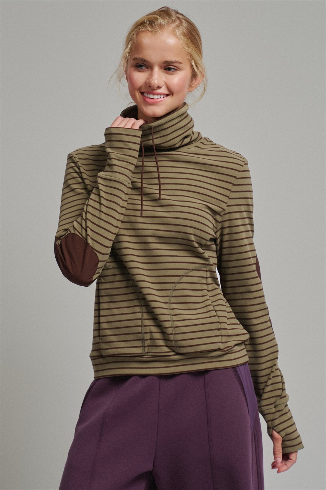 Striped Thermal Cowl Neck Pullover in Olive - Women's Sweatshirts & Hoodies | Urban Daizy