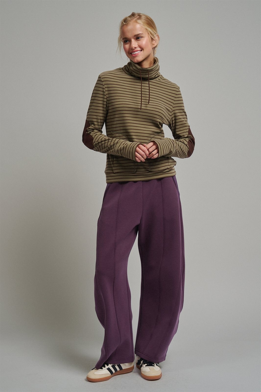 Striped Thermal Cowl Neck Pullover in Olive - Women's Sweatshirts & Hoodies | Urban Daizy
