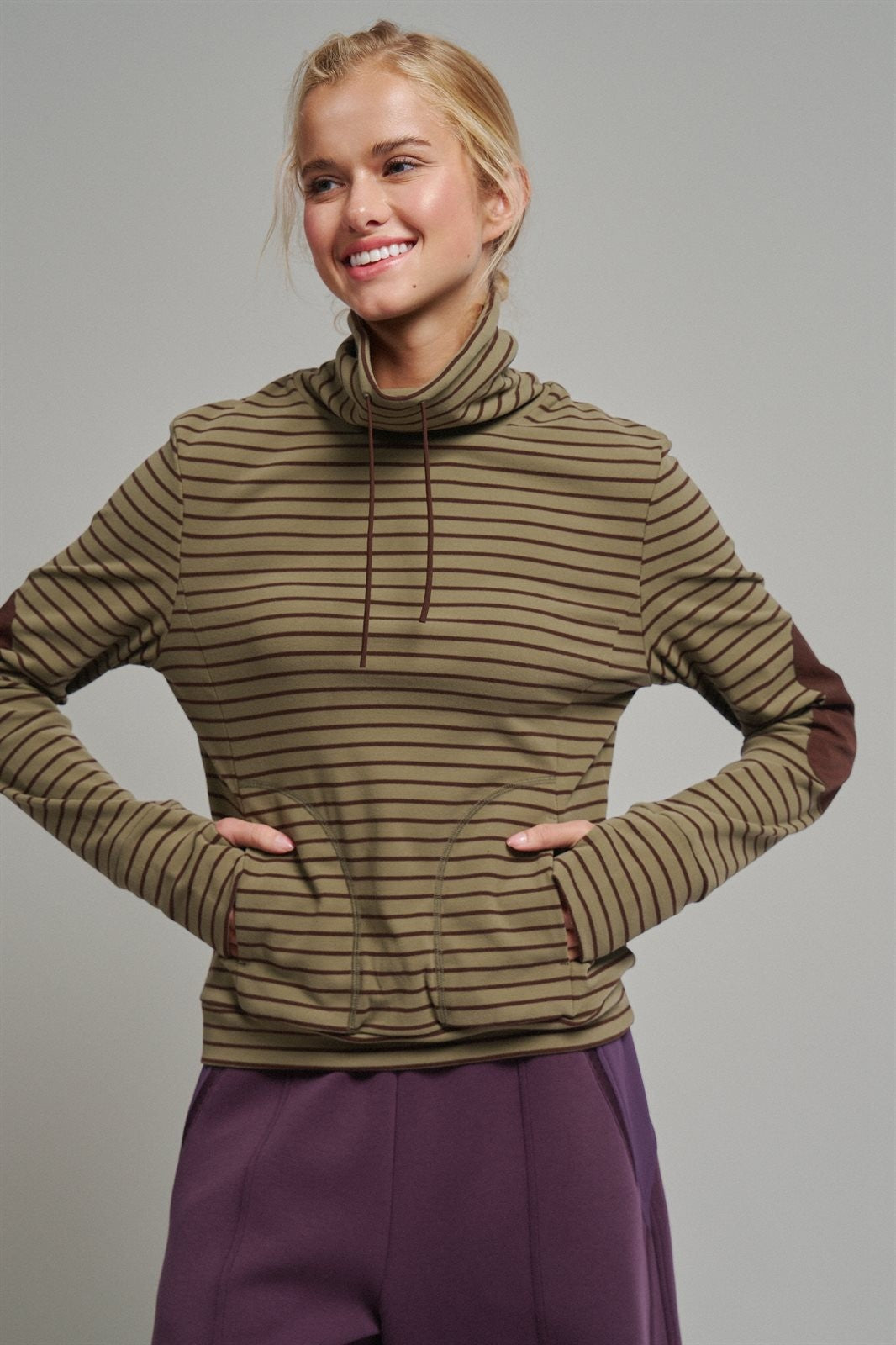 Striped Thermal Cowl Neck Pullover in Olive - Women's Sweatshirts & Hoodies | Urban Daizy