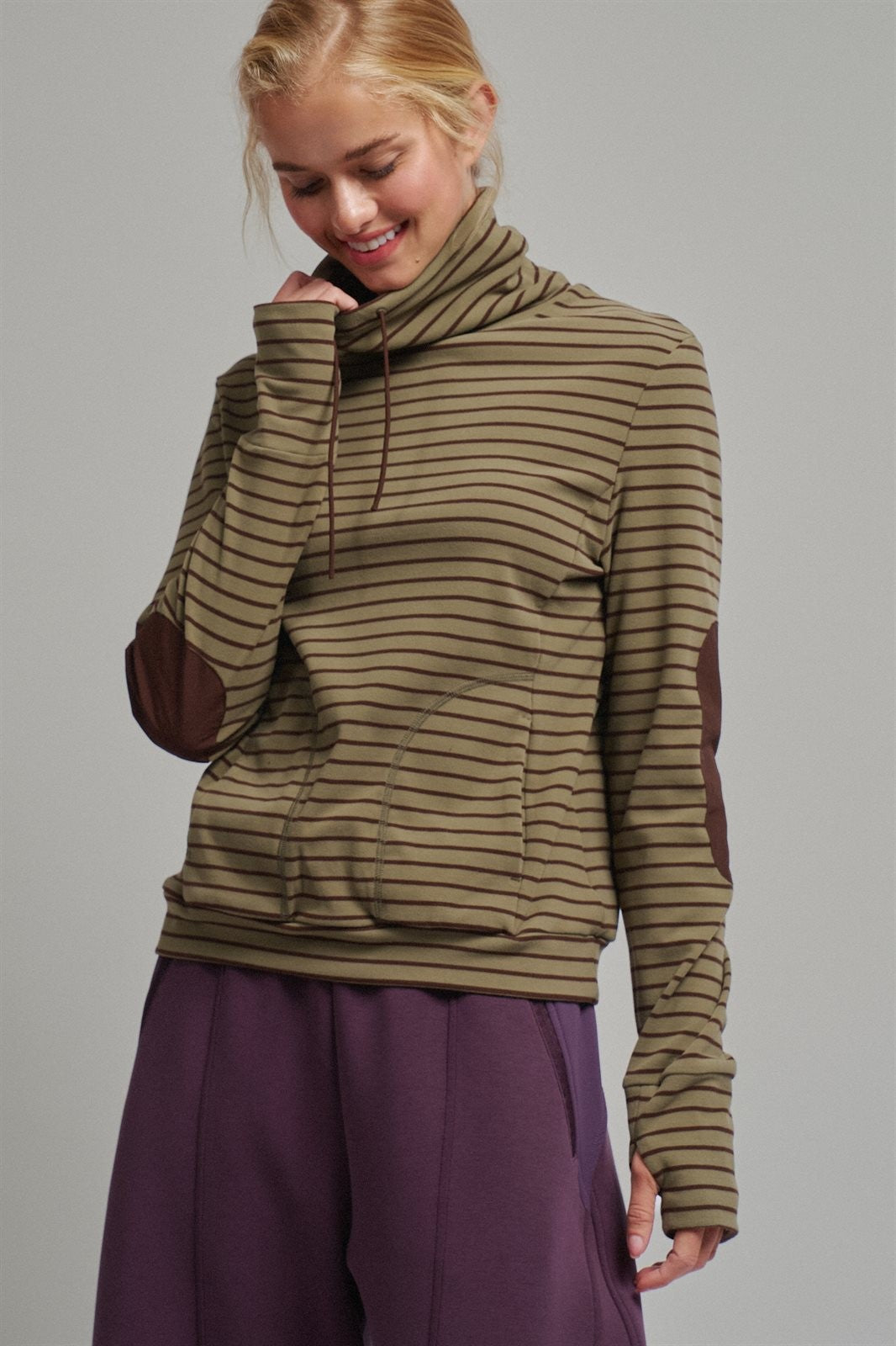 Striped Thermal Cowl Neck Pullover in Olive - Women's Sweatshirts & Hoodies | Urban Daizy
