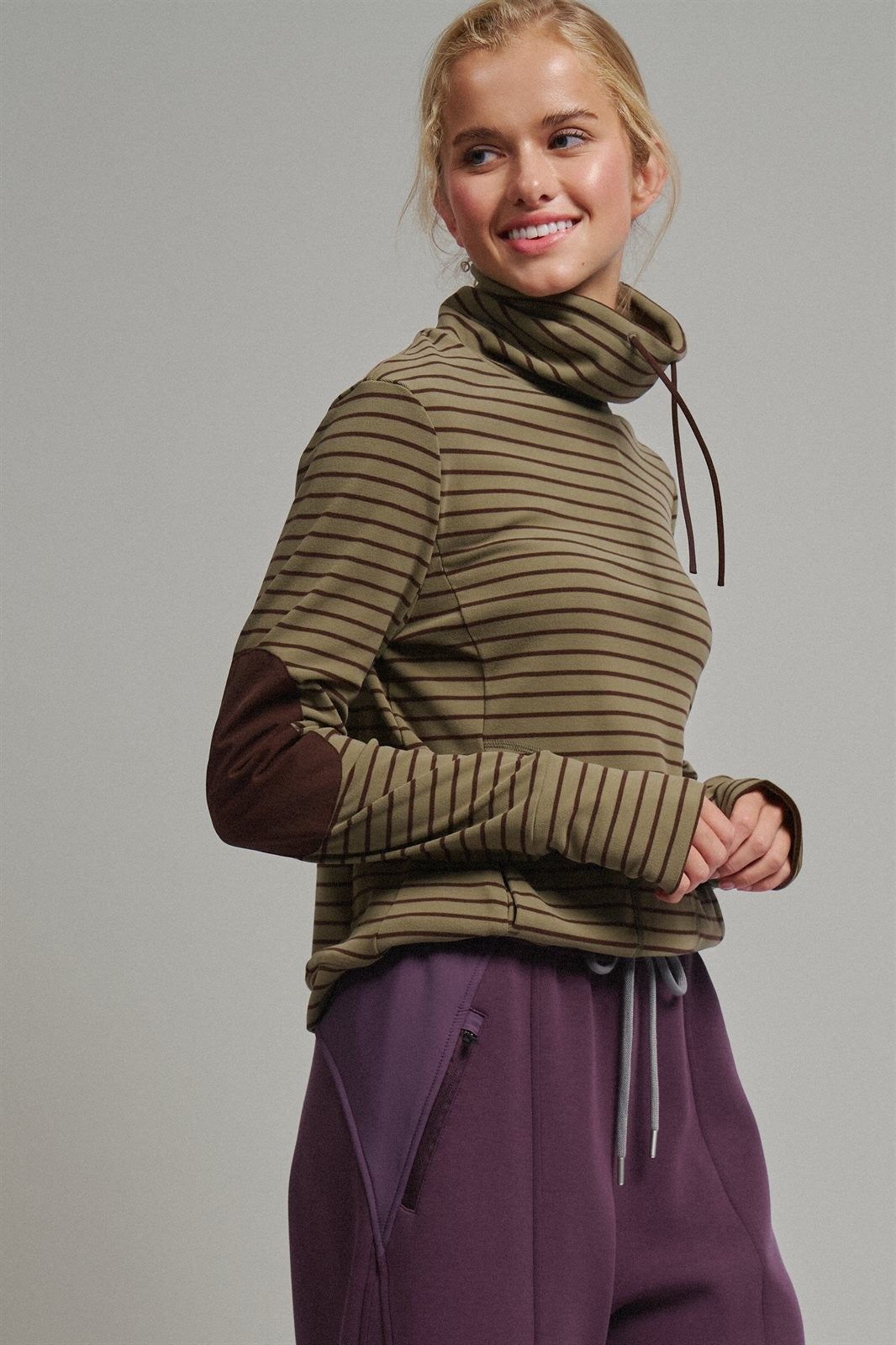 Striped Thermal Cowl Neck Pullover in Olive - Women's Sweatshirts & Hoodies | Urban Daizy