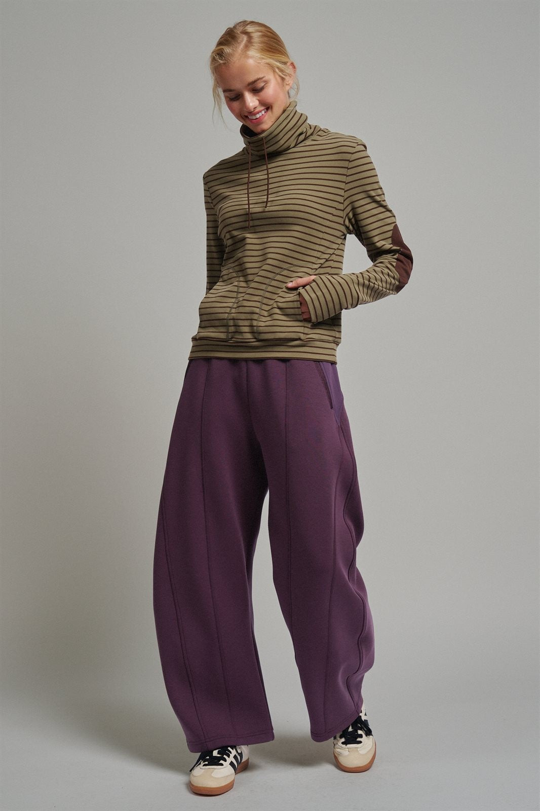 Striped Thermal Cowl Neck Pullover in Olive - Women's Sweatshirts & Hoodies | Urban Daizy