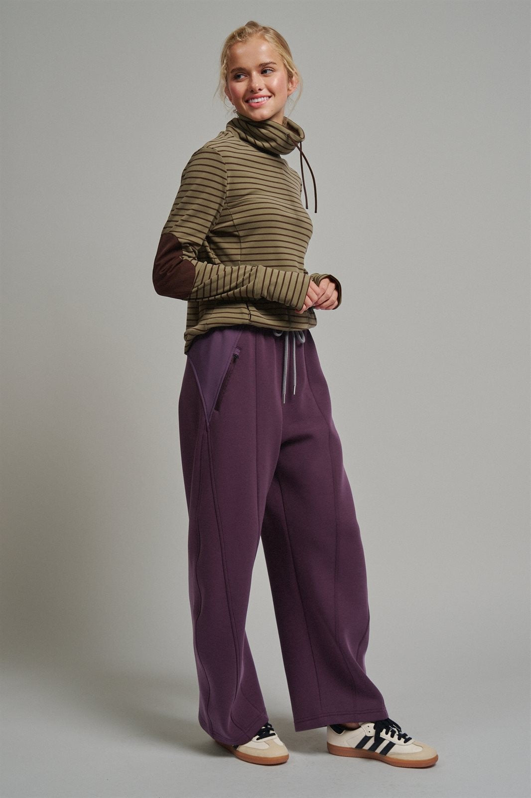 Striped Thermal Cowl Neck Pullover in Olive - Women's Sweatshirts & Hoodies | Urban Daizy