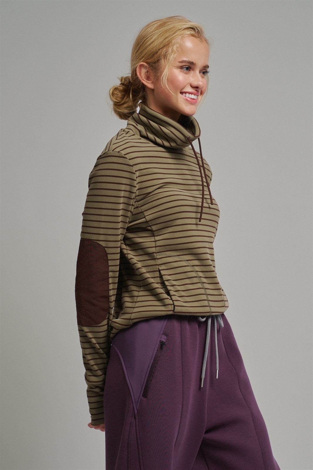 Striped Thermal Cowl Neck Pullover in Olive - Women's Sweatshirts & Hoodies | Urban Daizy