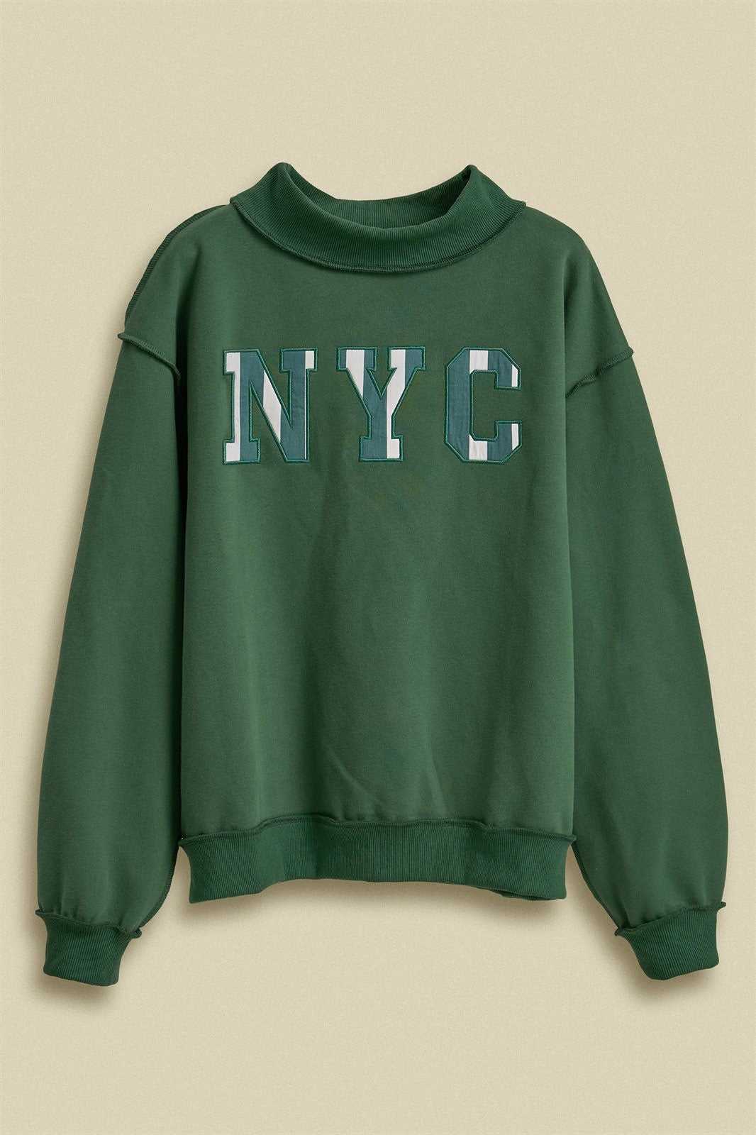 NYC Varsity Patch Mock Neck Sweatshirt in Green - Women's Shorts | Urban Daizy
