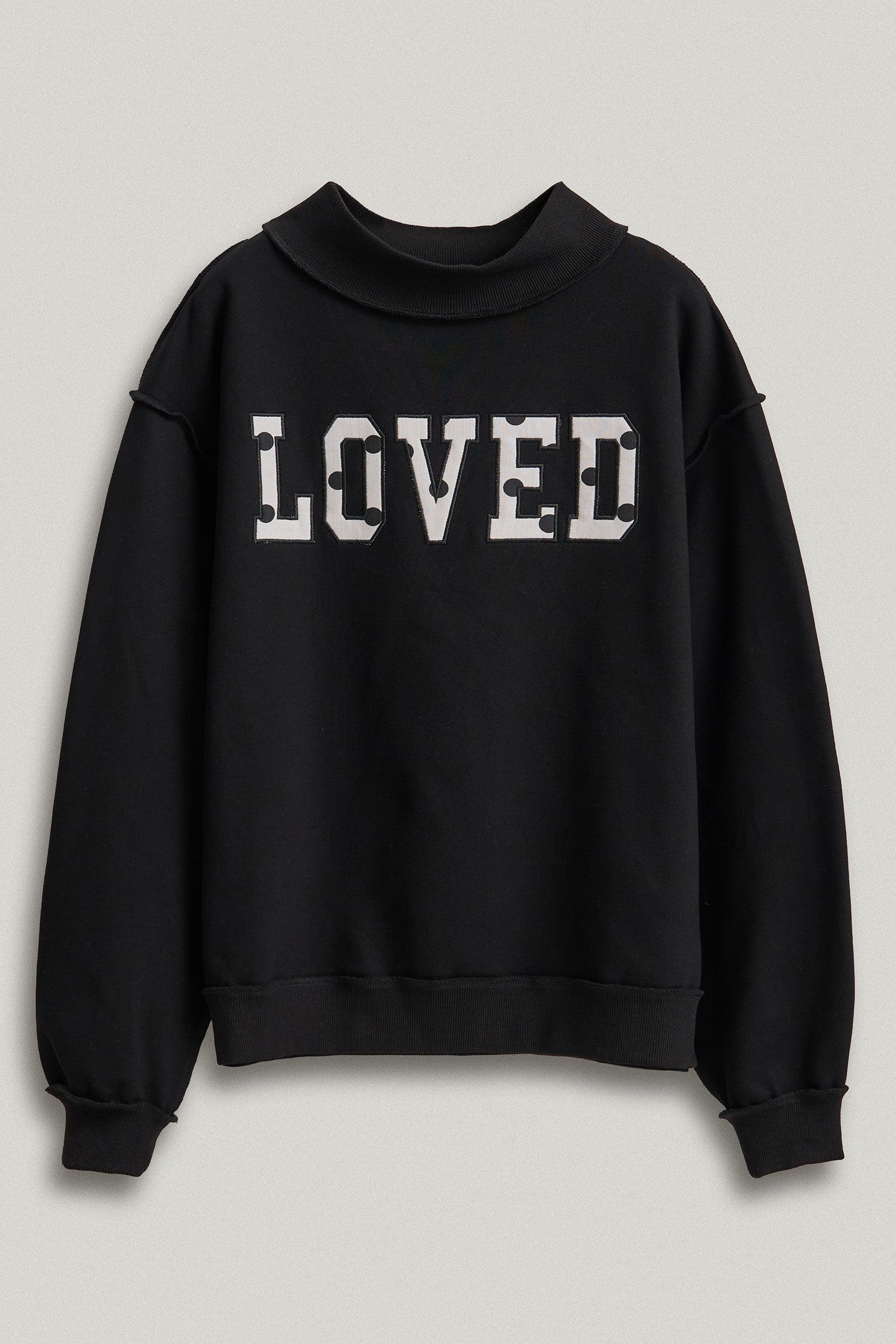 LOVED Varsity Patch Mock Neck Sweatshirt in Black - Women's Shorts | Urban Daizy