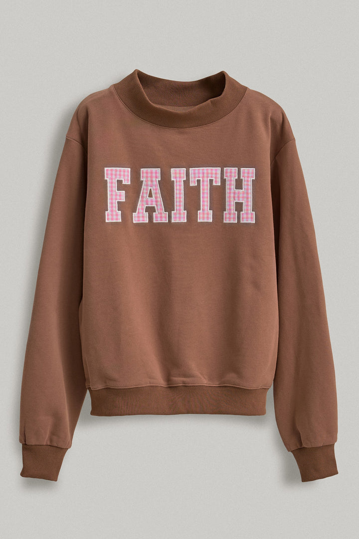 Faith Gingham Varsity Mock Neck Sweatshirt in Brown - Women's Shorts | Urban Daizy