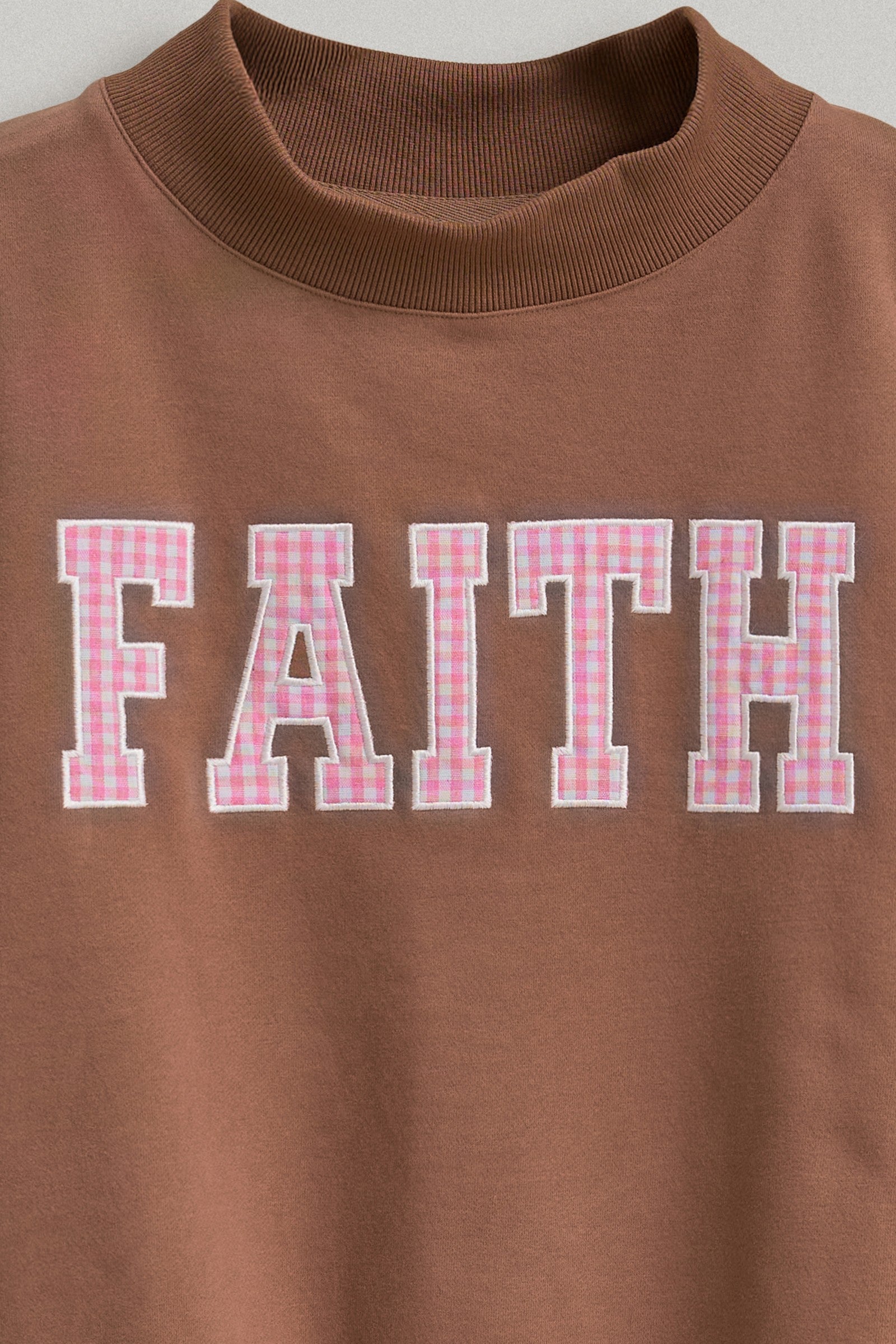 Faith Gingham Varsity Mock Neck Sweatshirt in Brown - Women's Shorts | Urban Daizy