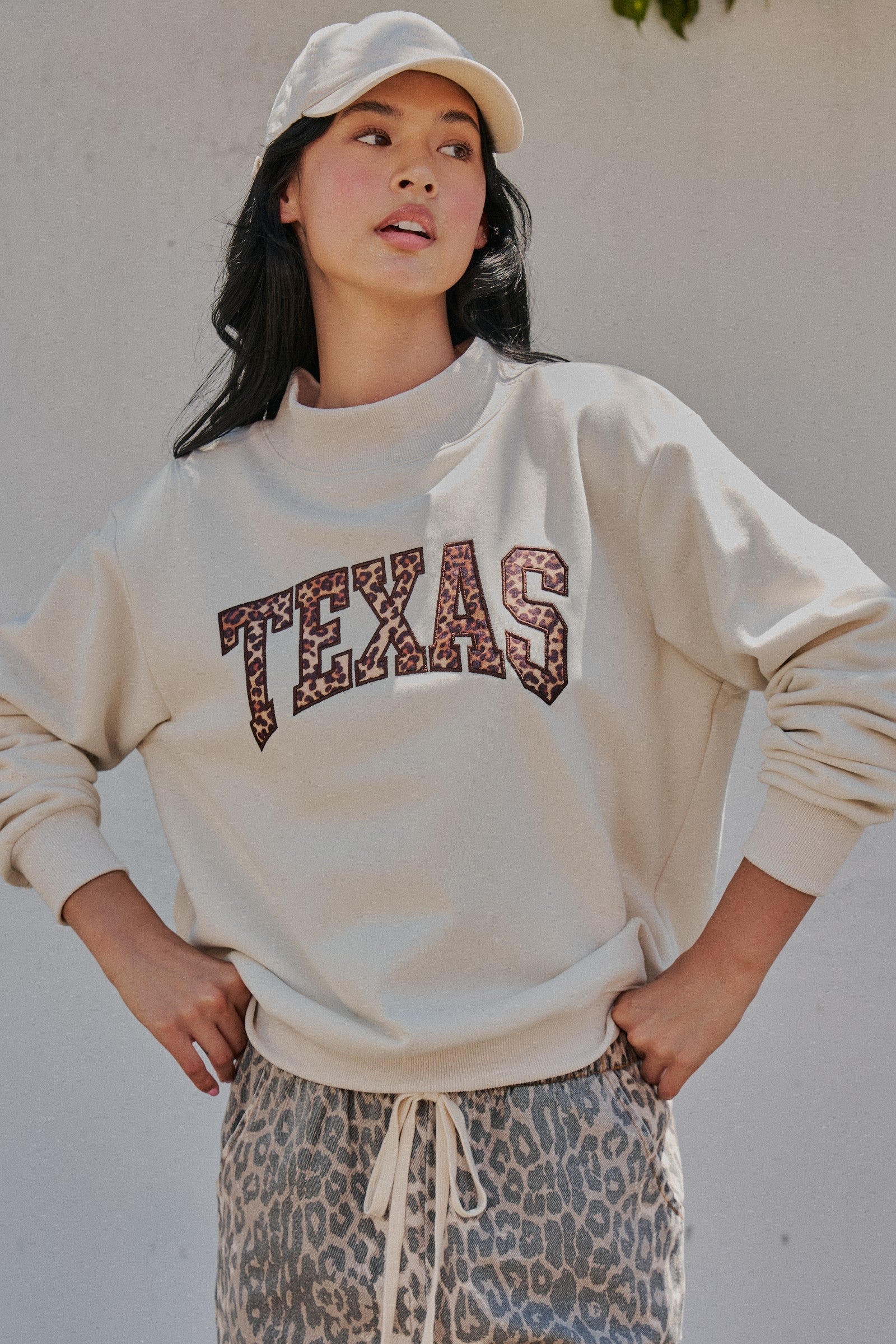 Texas Leopard Mock Neck Sweatshirt in Chalk - Women's Sweatshirts & Hoodies | Urban Daizy