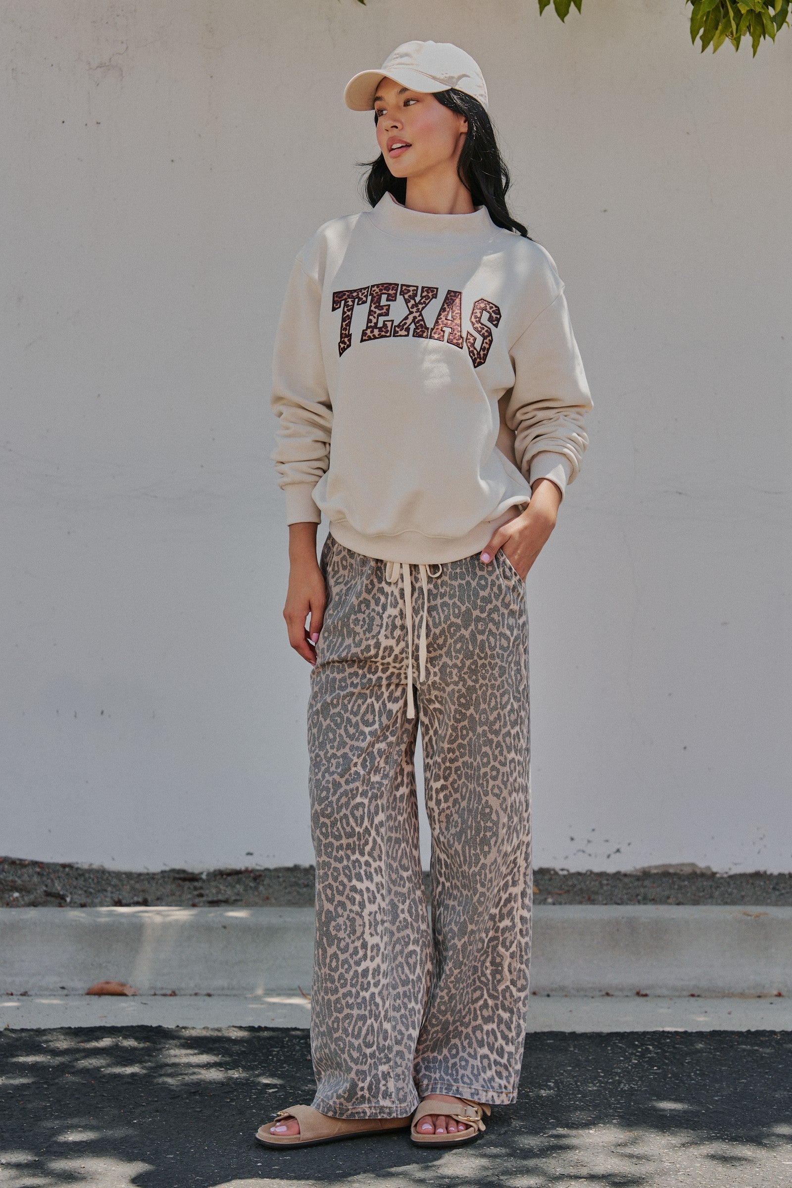 Texas Leopard Mock Neck Sweatshirt in Chalk - Women's Sweatshirts & Hoodies | Urban Daizy